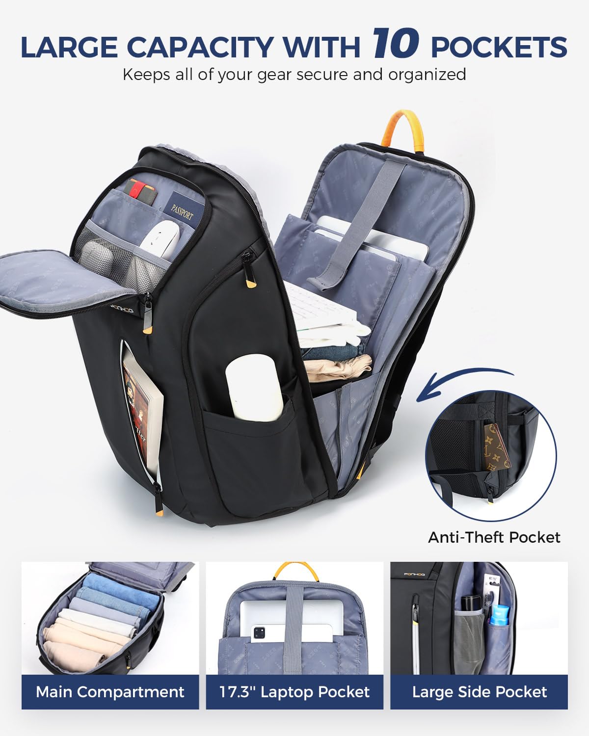 Ponhog Zaino Uomo Porta PC 17 Pollici - Zaino da Viaggio 900D Idrorepellente, Apertura 180° e Design Antifurto, Capacità 30L, Nero