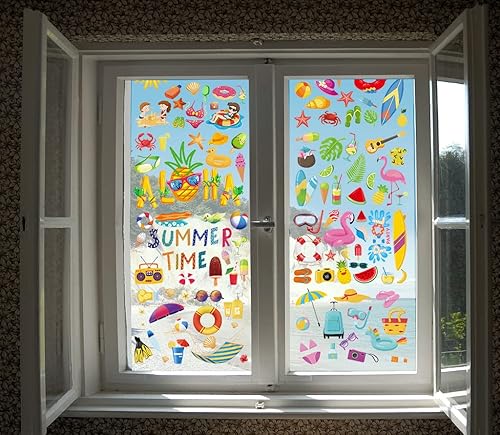Miniatura 3 de Hying 9 hojas de calcomanías de ventana de verano Hawaii, calcomanías para ventana de playa, piscina, fiesta, bebidas estáticas, helado, calcomanías