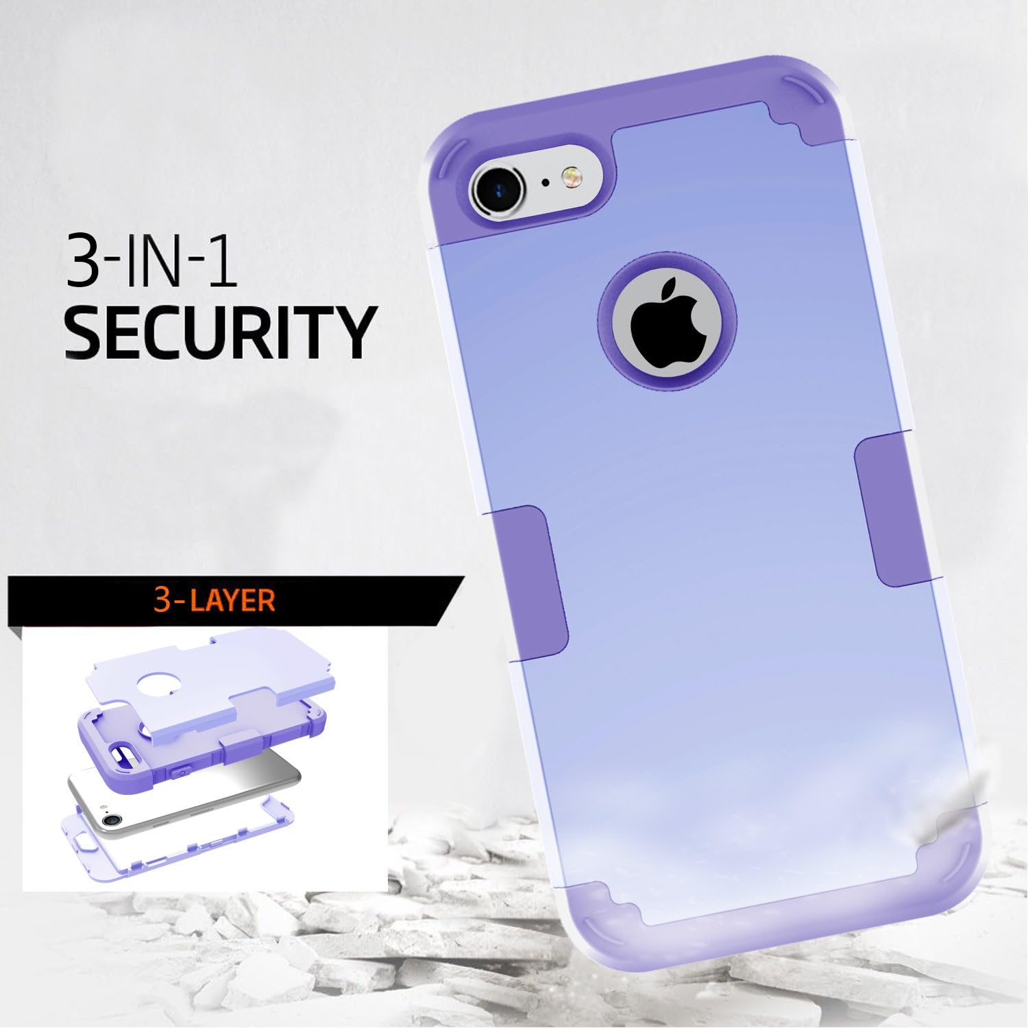 LONTECT Hybrid Heavy Duty Shockproof Full-Body Protective Case with Dual Layer Hard PC+ Soft Silicone Impact Protection for Apple iPhone 7, Purple