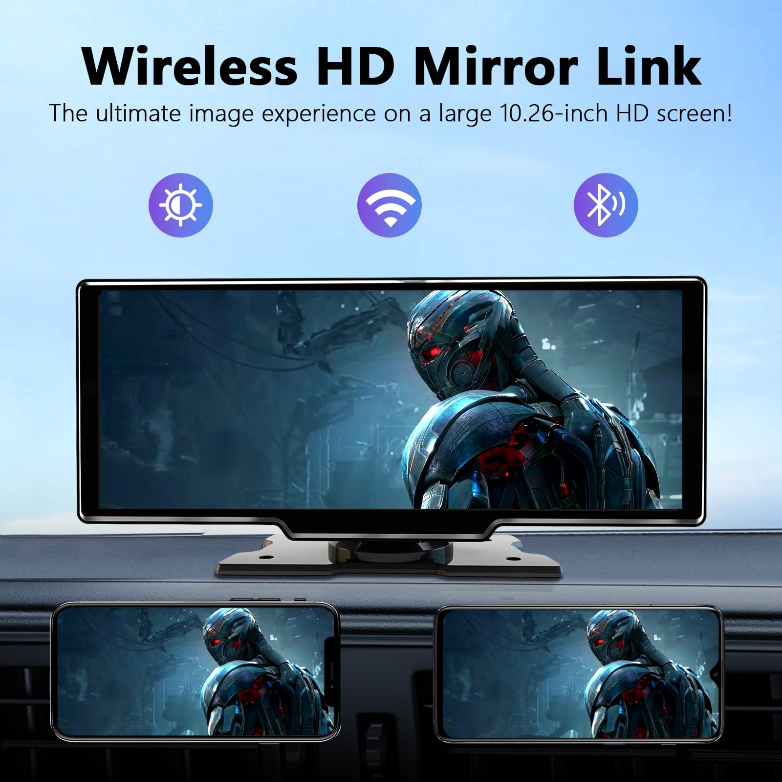 10,26 Pulgadas Pantalla Coche de Carplay Android Auto Inalambrico, Radio Coche Bluetooth con Cámara Trasera 1080P HD/FM/AUX/Mirror Link/Control por Voz/Navegación GPS