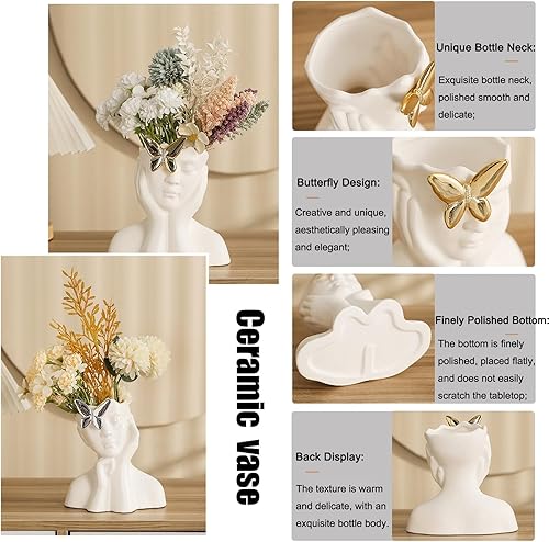Miniatura 5 de Jarrón de cerámica blanca para decoración, cabeza de forma humana creativa, medio cuerpo, busto, floreros con mariposa para el hogar, oficina, sala
