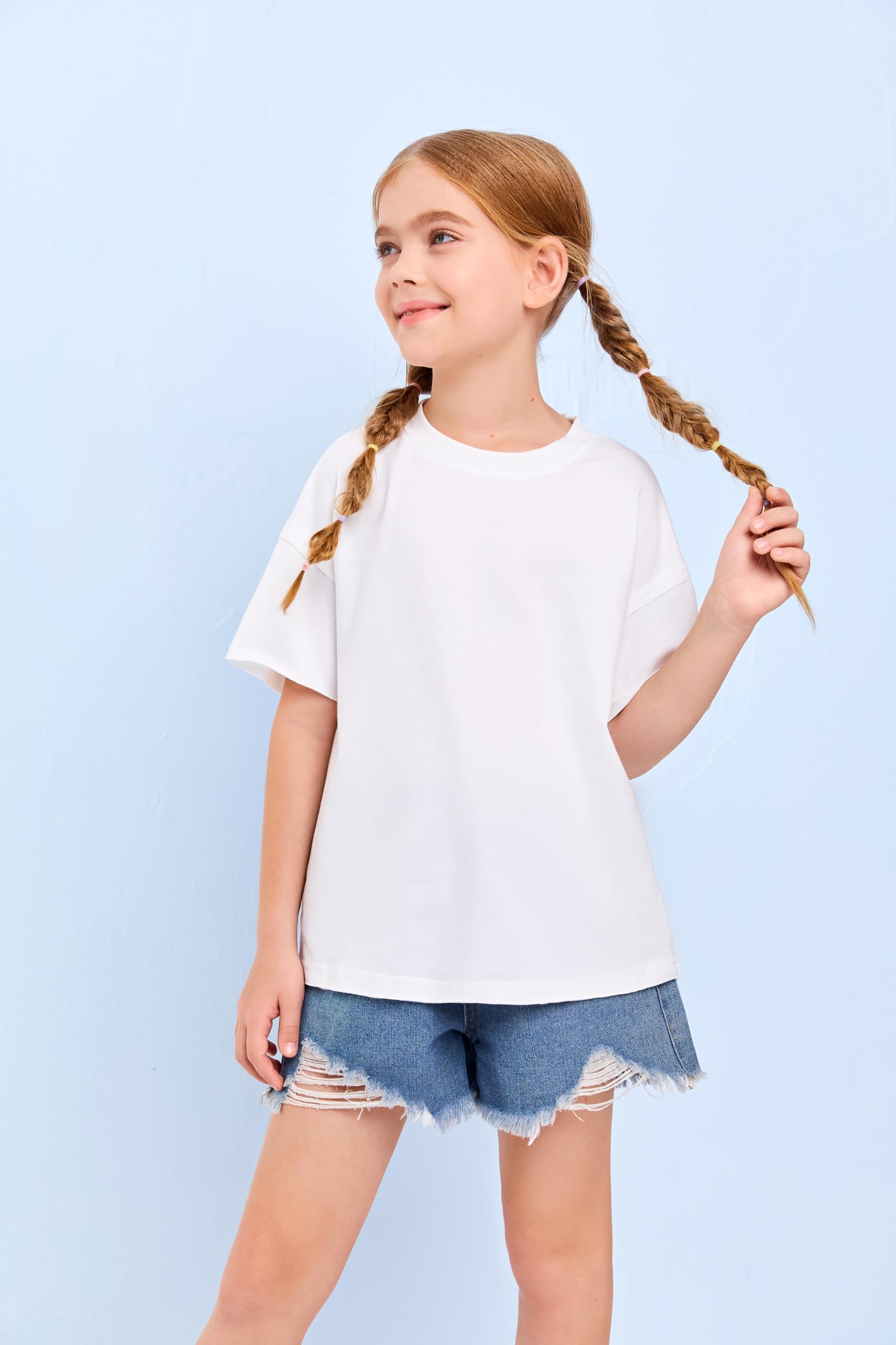Haloumoning Camiseta de manga corta para niñas de algodón holgada cuello redondo