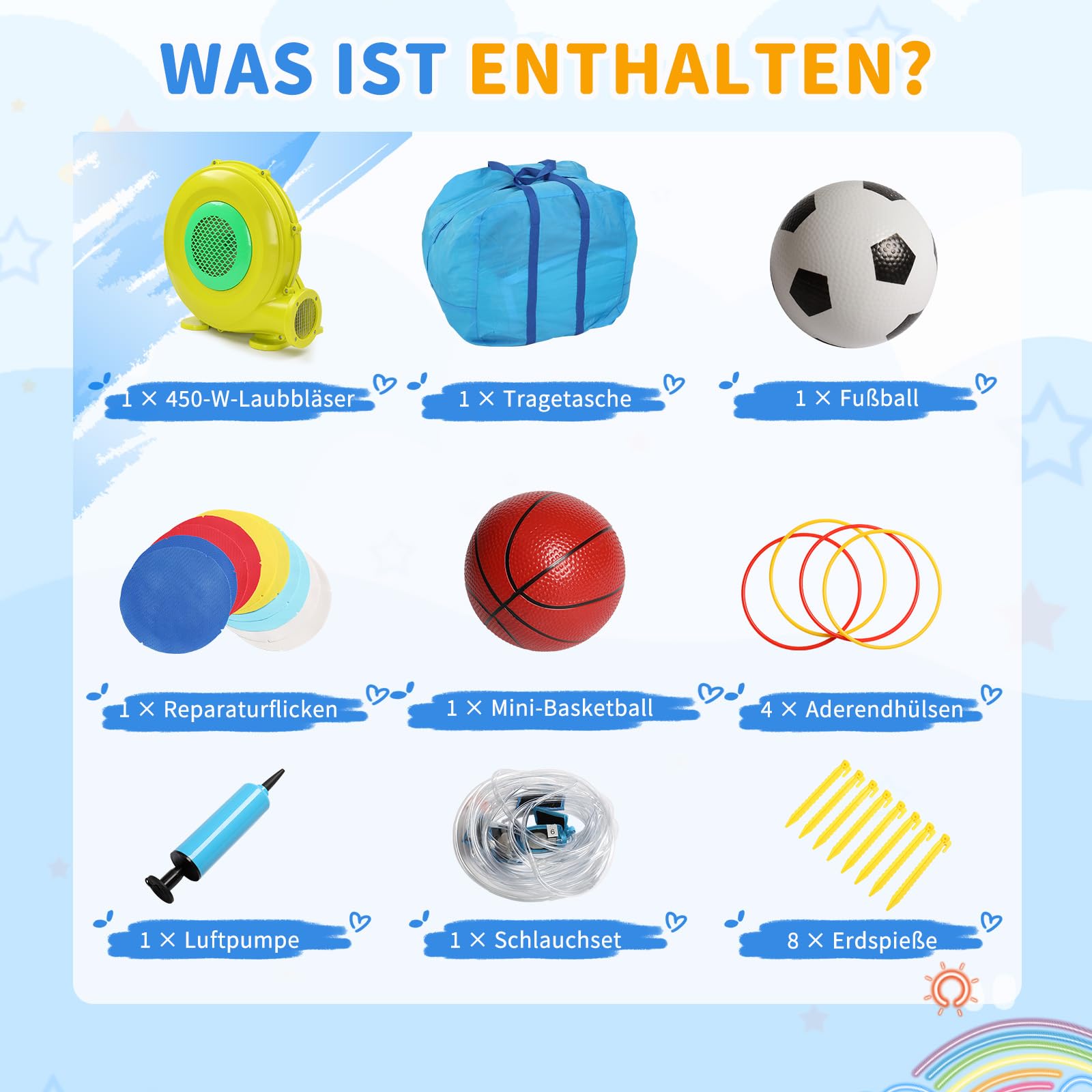 LEADZM Hüpfburg mit Sportmotiven, Gebläse, Fußballtoren, Basketballkörben, Langer Rutsche und Wasserspielbereich, 400 x 305 x 225 cm