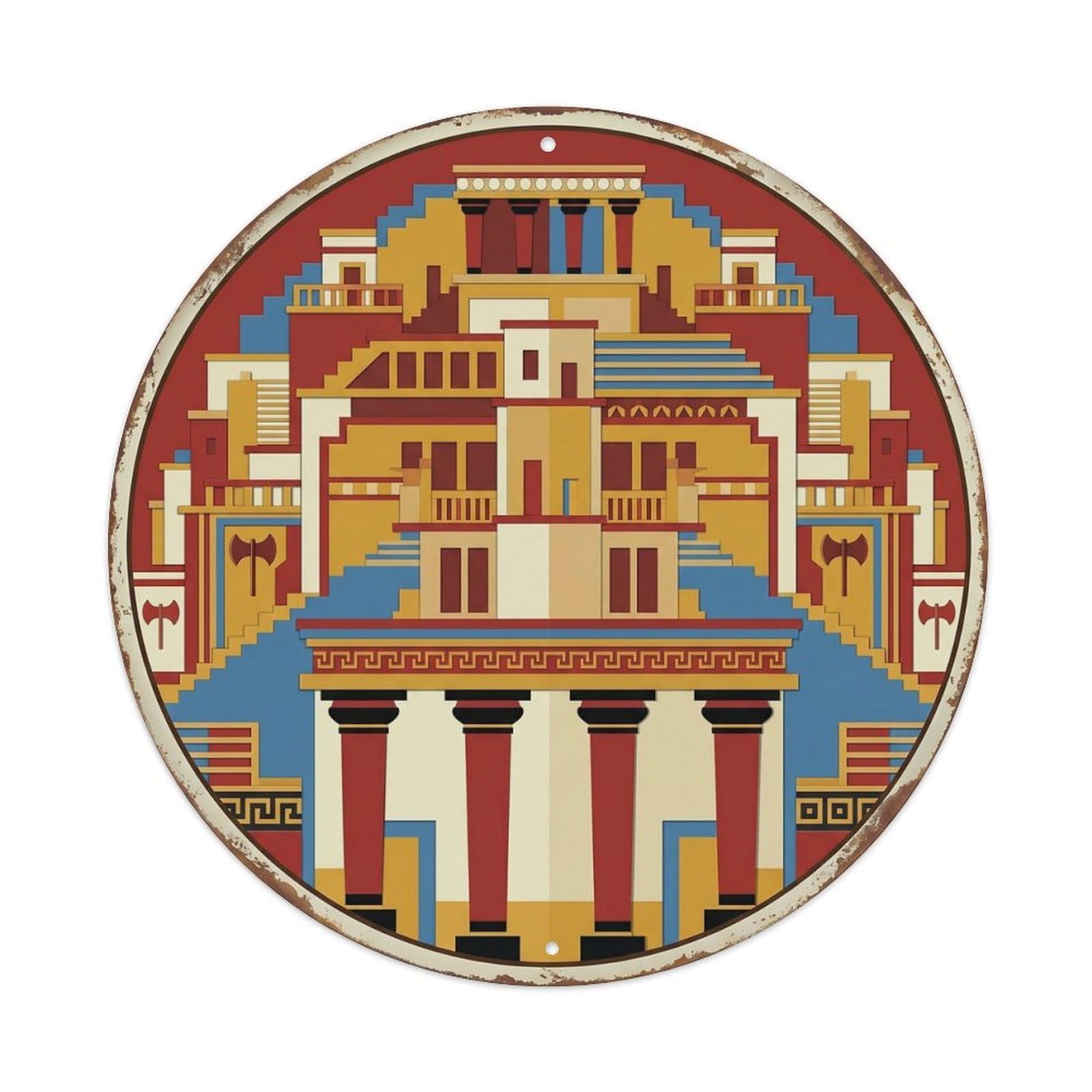 Crete Layered Palace Travel（1） Metal Tin Sign Plaque Wall Decor for Cafe, Club, Garden Round Metal Poster 8x8Inch