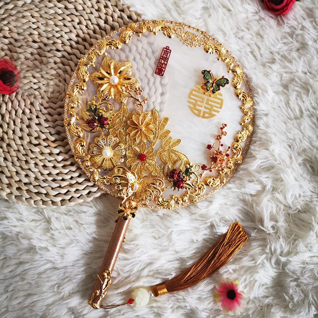 Gold Chinese Style Bridal Bouquet Artificial Flowers Wedding Fan Pearl Crystal Beaded Bride Hand