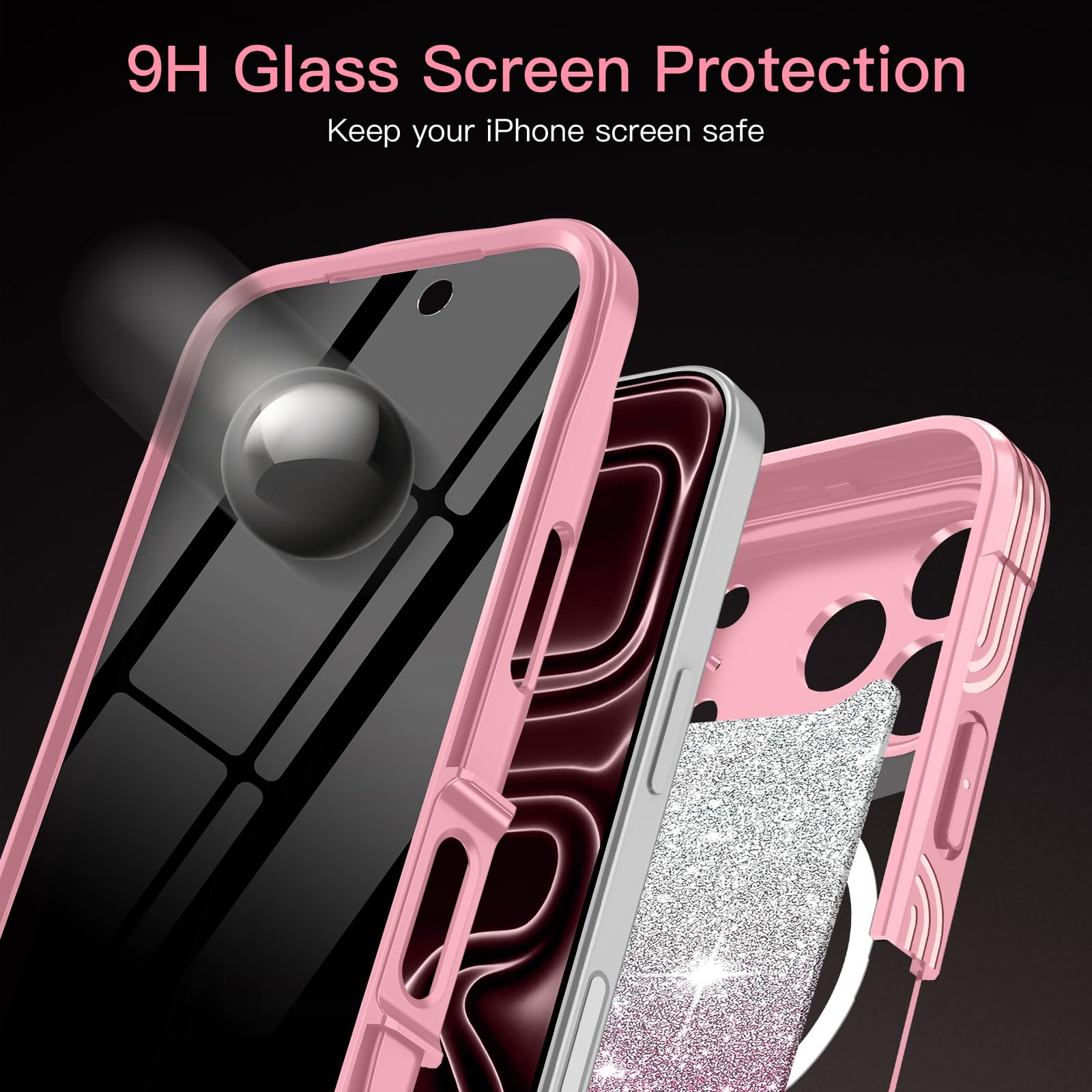 Casetego Custodia magnetica per iPhone 17 Pro, compatibile con MagSafe, protezione per lo schermo privacy integrata, sottile, glitterata, antiurto, custodia protettiva per iPhone 17 Pro, colore rosa