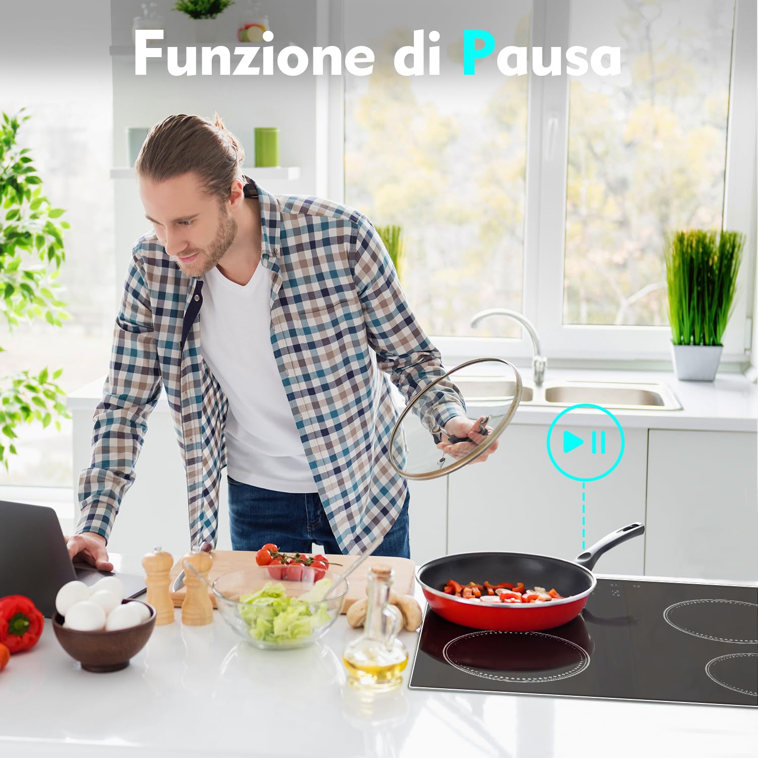 DELITEER Piano cottura in vetroceramica 4 Fuochi, Piano cottura vetroceramica da incasso 59cm, 6000Watt, senza spina Visita lo Store di DELITEER