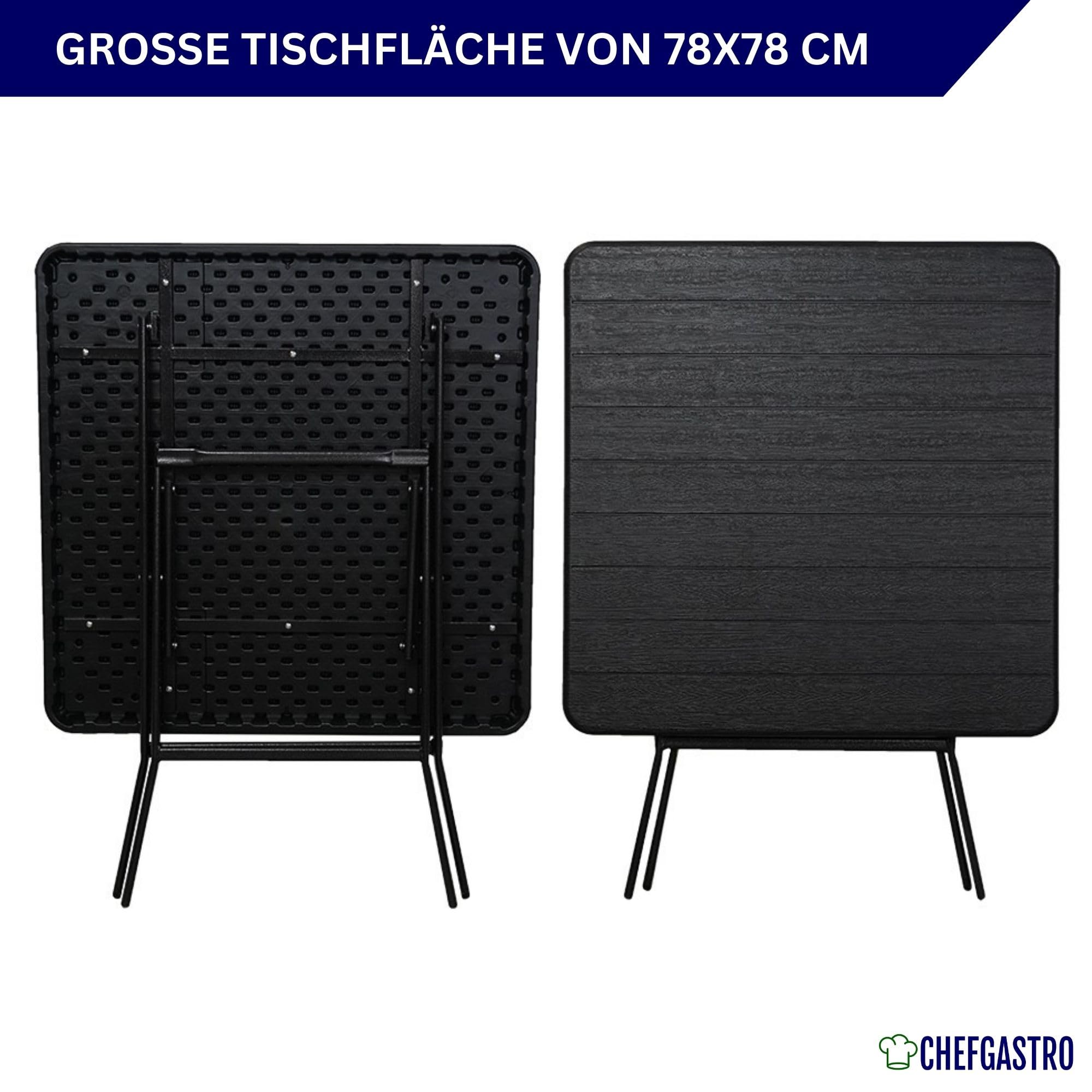CHEFGASTRO Balkontisch klappbar 78x78cm Gartentisch wetterfest 4 Personen Kunststoff Holz Optik Schwarz Campingtisch Outdoor Klapptisch Klein Balkonmöbel Bistrotisch für Garten Terrasse Balkon