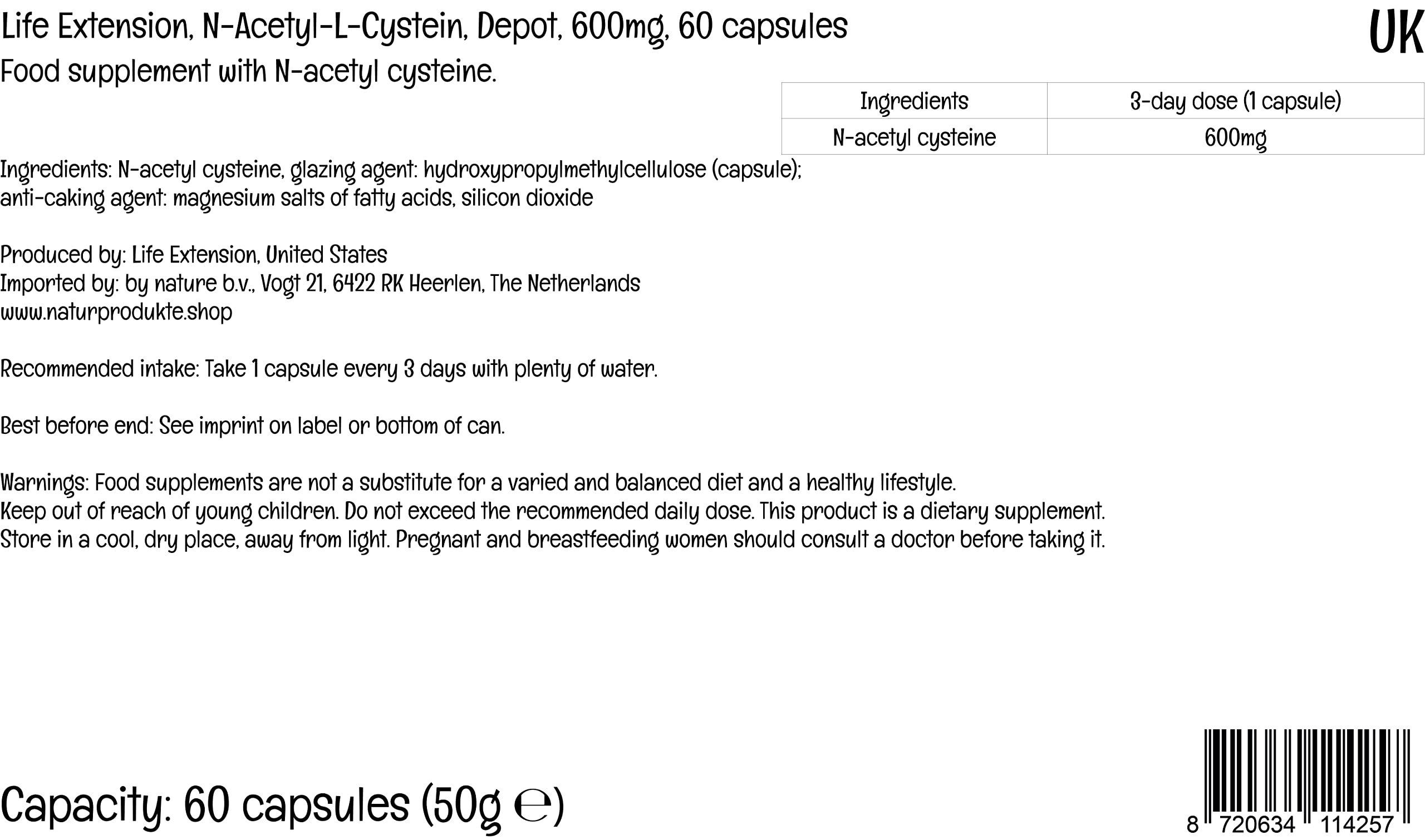 Life Extension, N-Acetyl-Cysteine (NAC), 60 vegane Kapseln, 600mg Acetyl-L-Carnitin je Dosis, Glutenfrei, Sojafrei, GMO frei, Geschmacksneutral (Packung mit 2)