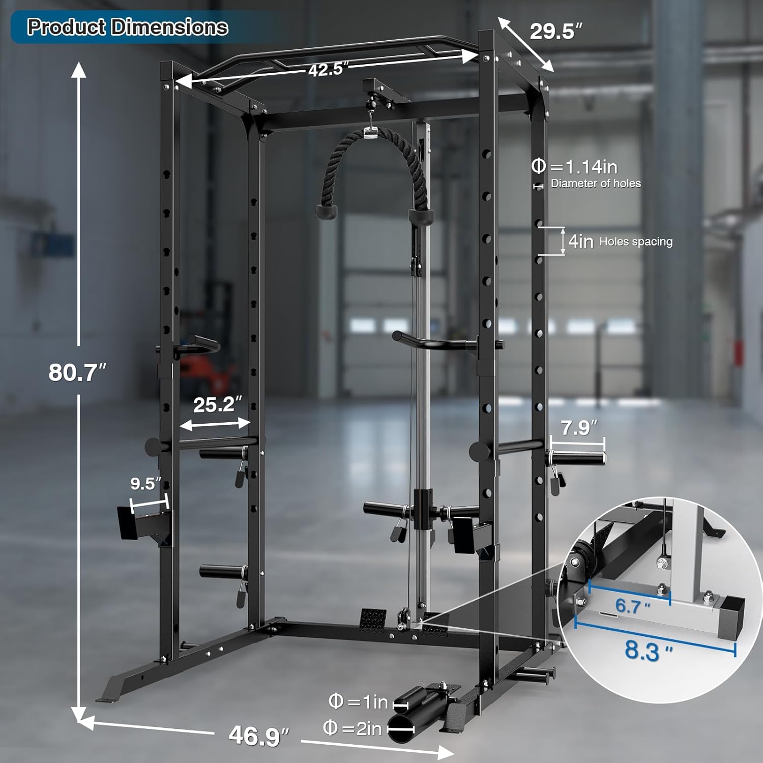 ULTRA FUEGO Power Cage, Multi-Functional Power Rack with J-Hooks, Dip Handles, Landmine Attachment and Optional Cable Pulley System for Home Gym (Power Cage Black with Pulley System and Olympic Bar)