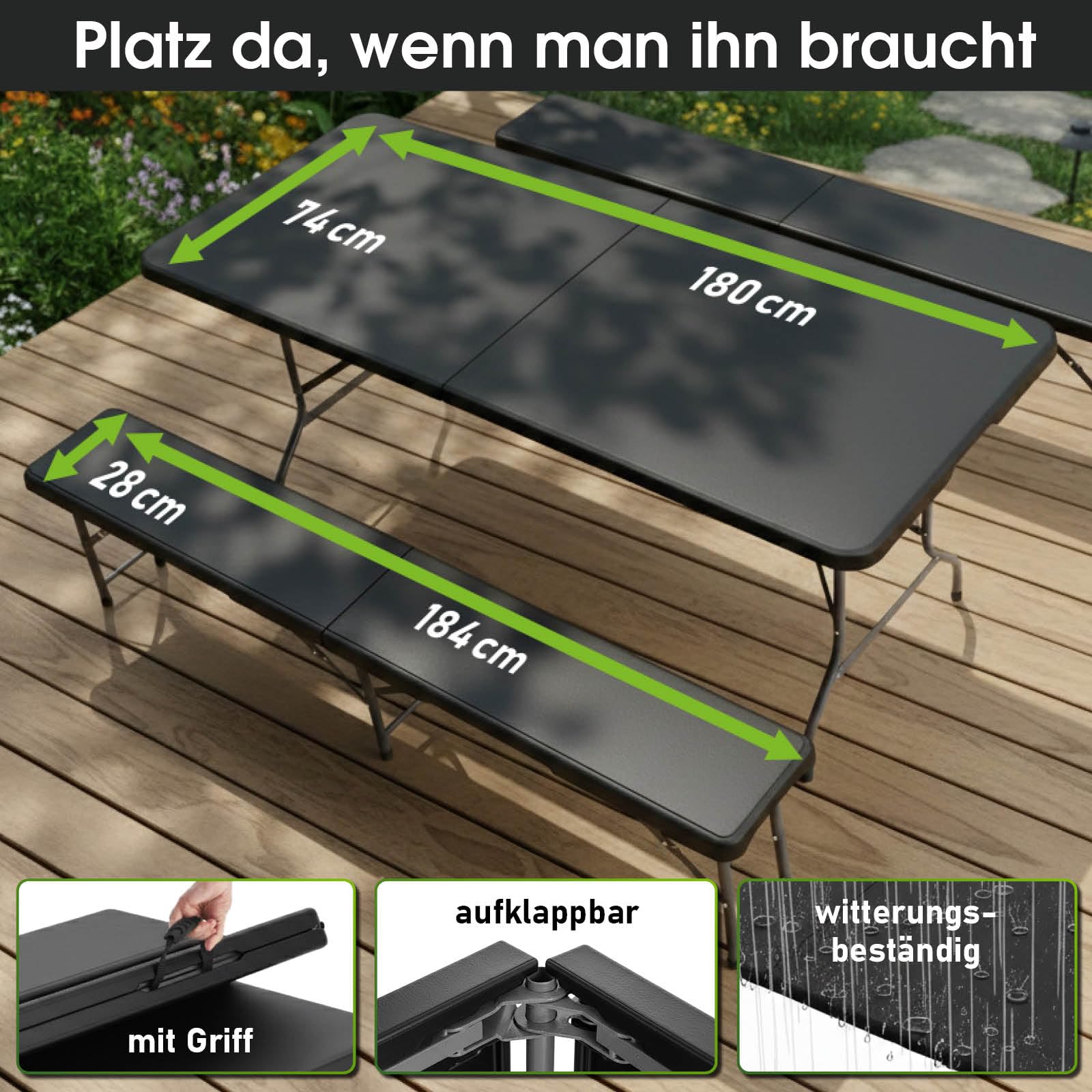 BRAST Bierzeltgarnitur Josef | 3er Set klappbar | 1x Tisch 180x74x74cm & 2X Sitzbank | für 10 Personen | 2 Varianten | inkl. Gratis Zubehör | Einrastsystem & Tragegriffe | Schwarz