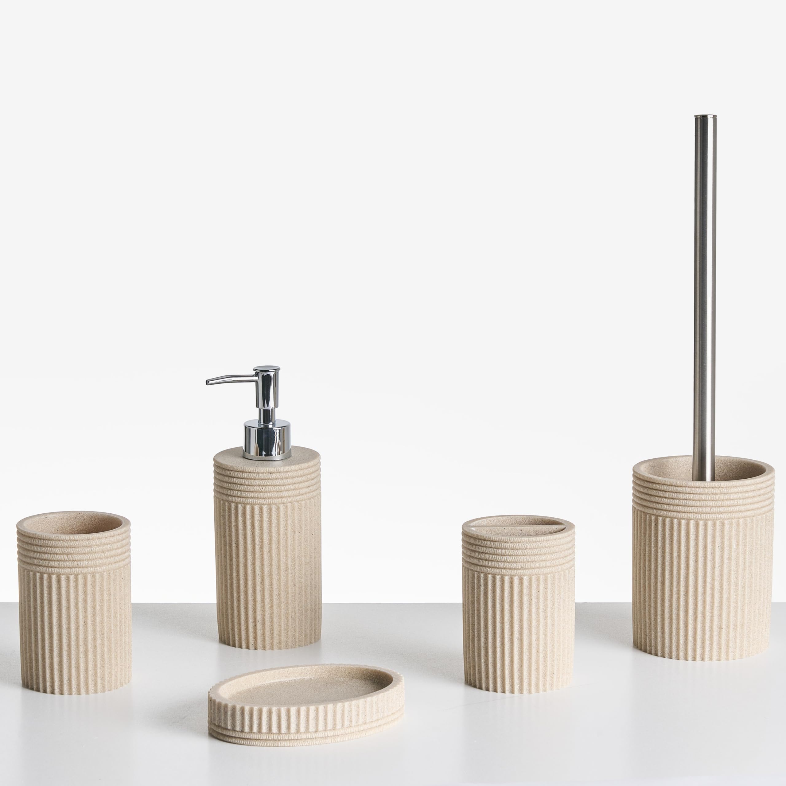 Badaccessoires Set 5-teilig Kunstharz Hellbeige Seiloptik Badausstattung Chancay