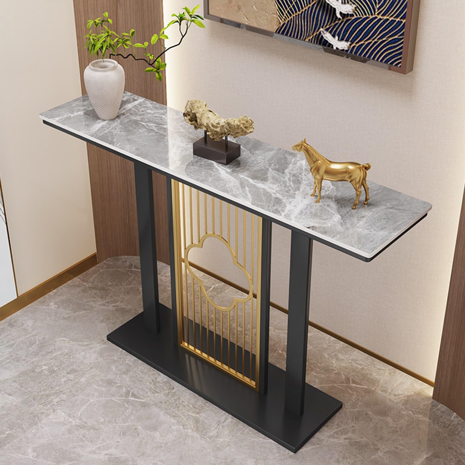 Mesa de entrada de piedra sinterizada gris de lujo con marco de acero inoxidable moderno de 80cm