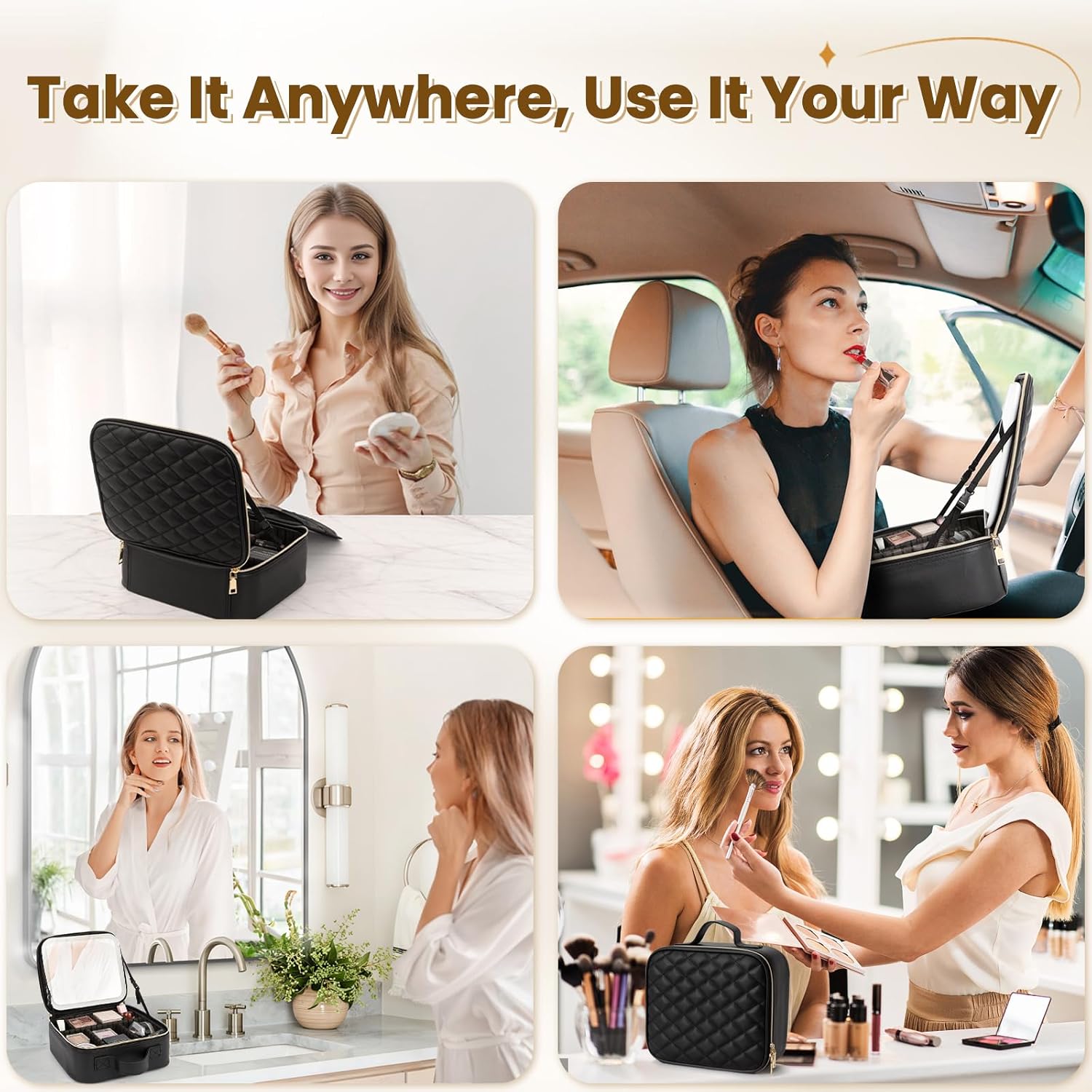 Travel Makeup Bag with LED Mirror, Leather Cosmetic Train Cases with Adjustable Dividers, Makeup Organizer with Makeup Brush Storage Board for Women, Artist and More