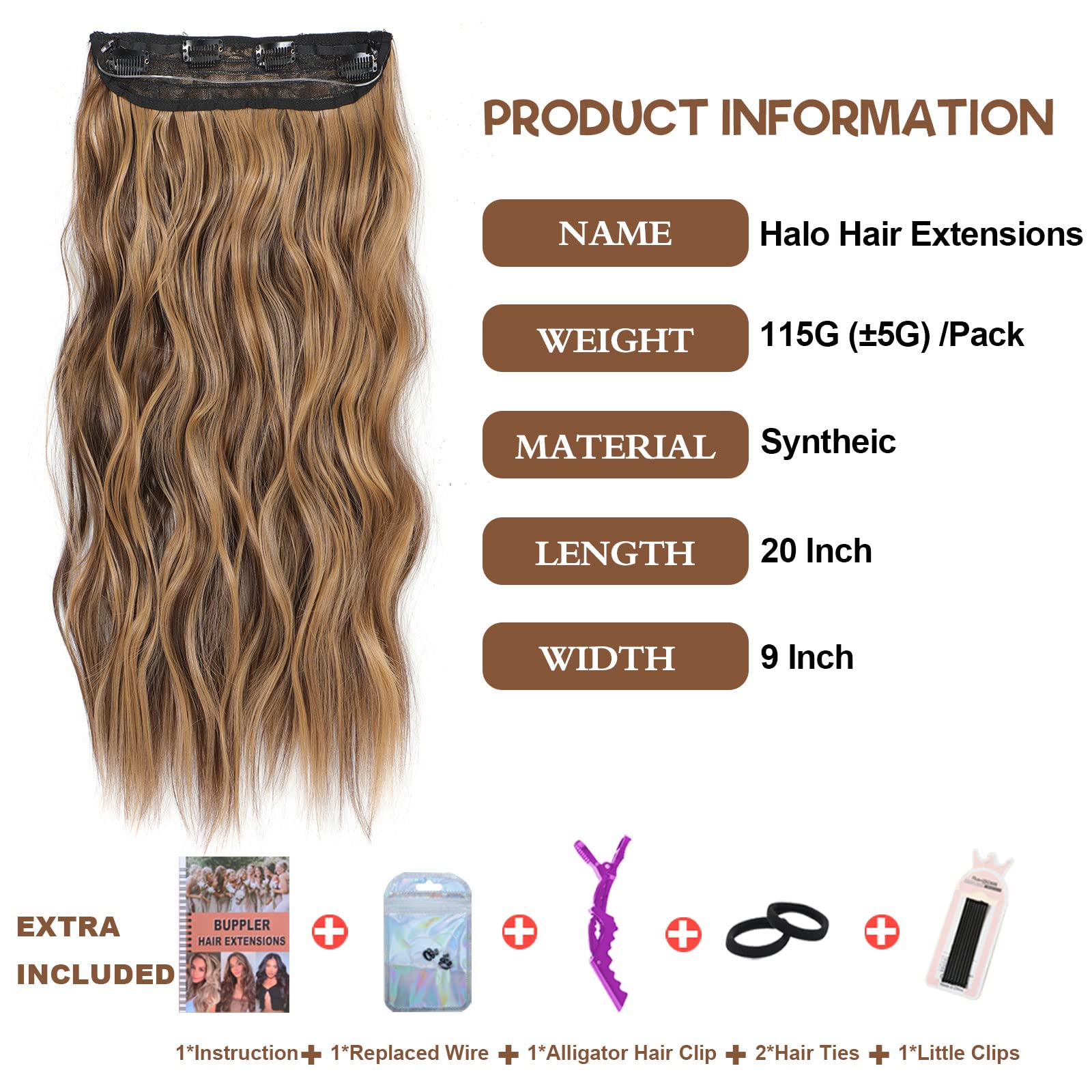 BUPPLER Halo Hair Extensions 20 Inch Invisible Wire Hair Extensions Adjustable Long Wavy Hairpiece Synthetic Upgrade 4 Secure Clips in Hairpieces 20 Inch,Medium Brown Mixed Golden Brown - Image 2