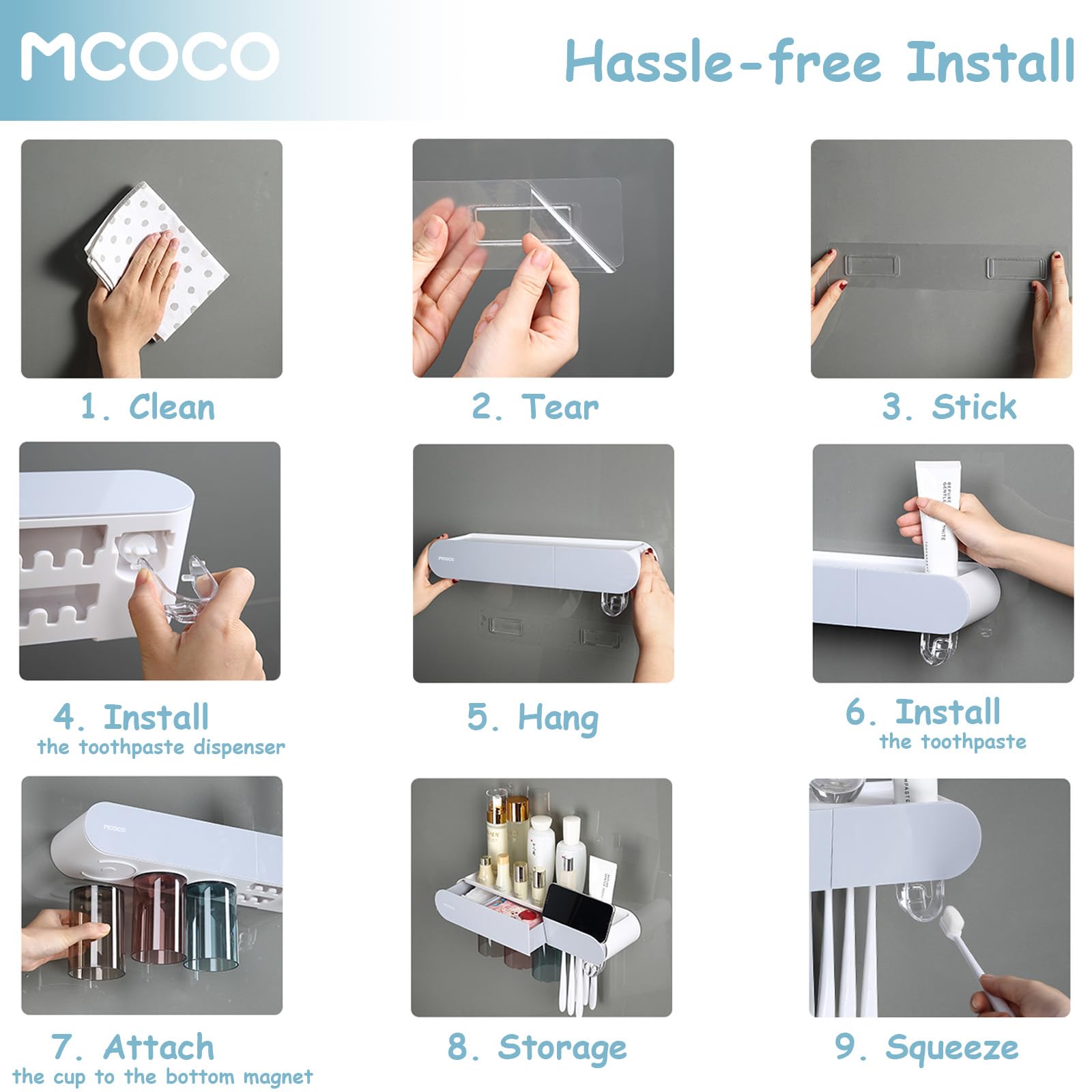 Soporte magnético para cepillos de dientes para baño, soporte magnético para cepillos de dientes con bandeja de gran capacidad y cajón para cepillos de dientes, 4 tazas, color gris
