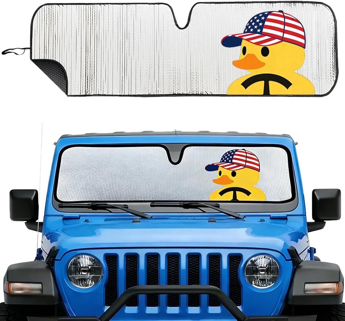 Cute Windshield Sun Shade for Jeep Wrangler TJ JK JL JKU JLU & Gladiator JT 1997–2026 | USA Flag Duck Pattern Funny Sunshade Heat Shield | Foldable UV Block Windshield Sun Visor for Jeep Wrangle