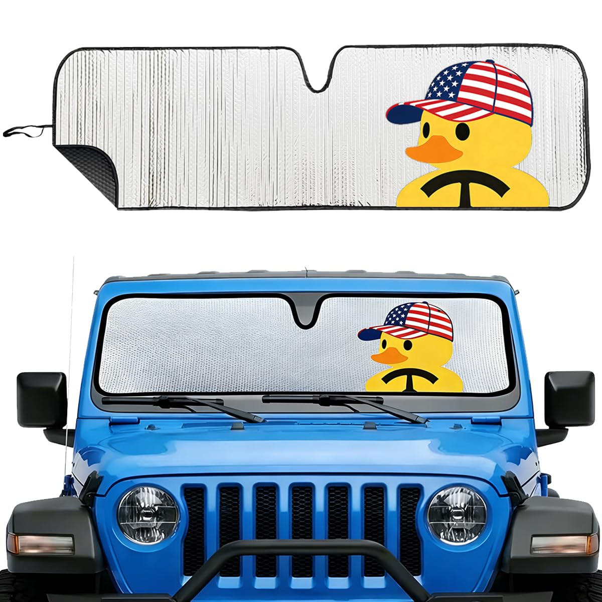 Cute Windshield Sun Shade for Jeep Wrangler TJ JK JL JKU JLU &amp; Gladiator JT 1997–2026 | USA Flag Duck Pattern Funny Sunshade Heat Shield | Foldable UV Block Windshield Sun Visor for Jeep Wrangler