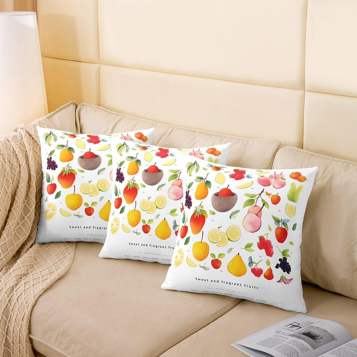 Erosebridal Pack of 2 Cartoon Strawberry Peach Orange Fruit Throw Pillow Covers Kawaii Grape Lemon Pillow Covers Sweet Fragrant Fruits Pattern Cushion Covers for Sofa Bed Couch,24X24