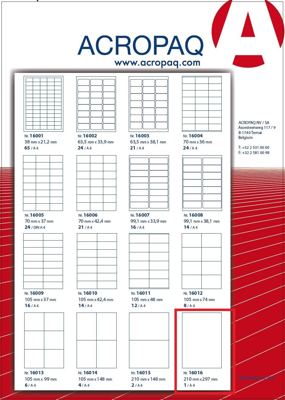 acropaq Labels Pack of 100 White A4 Labels 210 x 297 mm