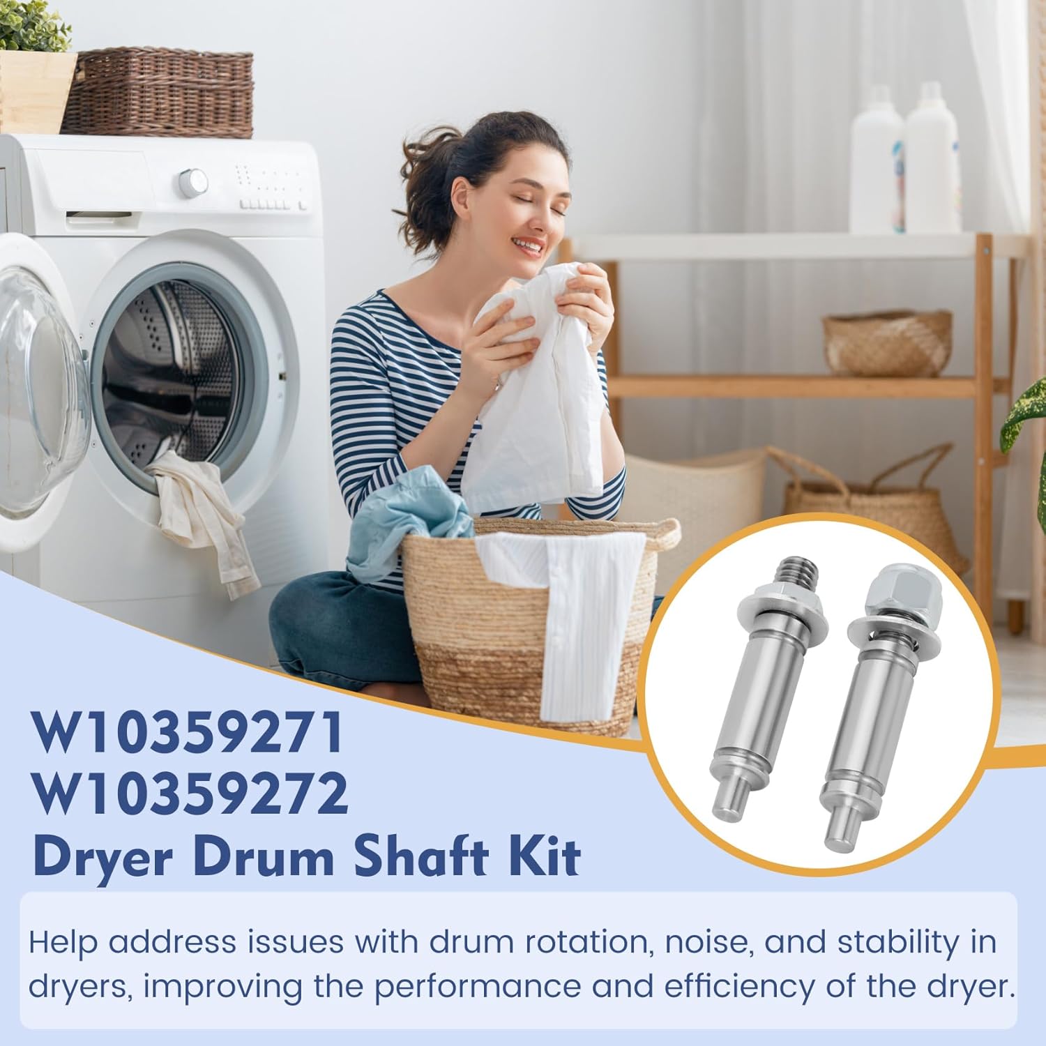 W10359271 W10359272 Front Back Dryer Drum Support Roller Shaft Replaces WPW10359271 3387460 8575324, WPW10359272 3387707 8575325 with Good Resistance, Reducing Noise, Improve Stability