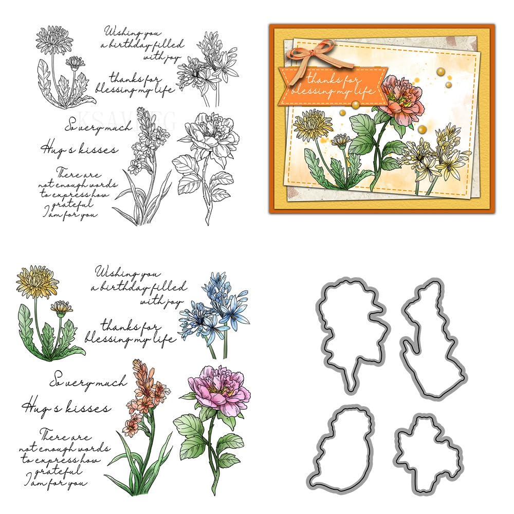 Various Flowers Blessing Words Clear Stamps and Die Cuts Sets for Handmade Card Making Metal Cutting Dies Stencils Scrapbook Kit Embossing Supplies