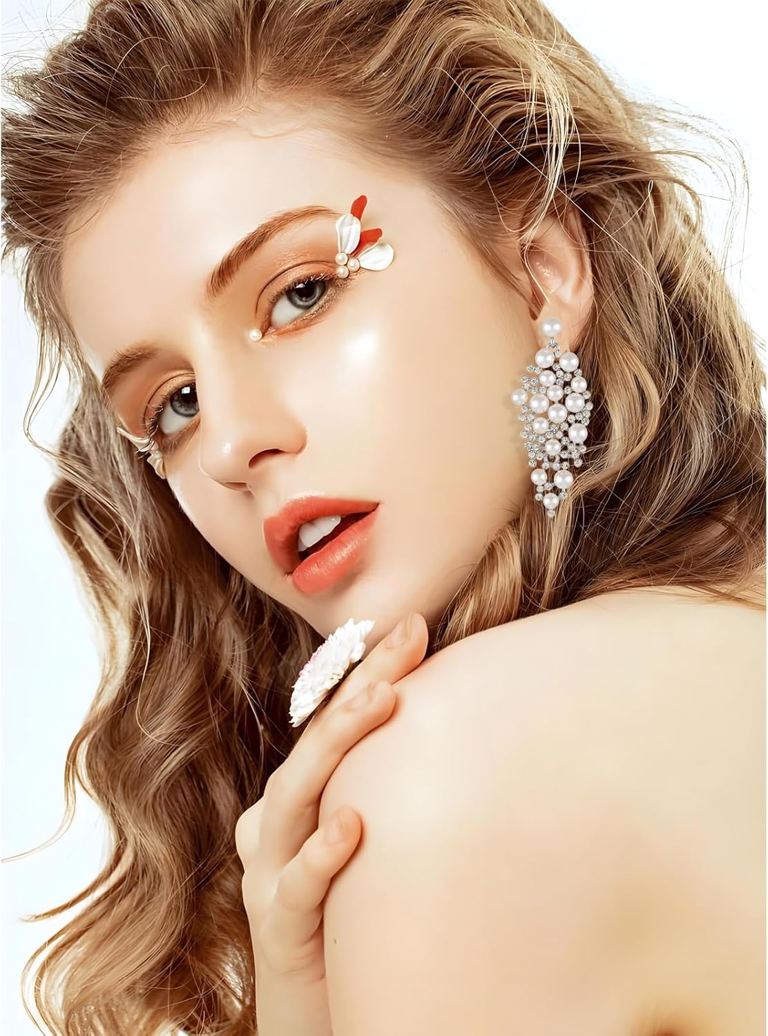 Bridal Pearl Earrings for Women Elegant Large Sparkling Crystal Rhinestone Cluster Chandelier Simulated Pearl Long Dangle Drop Earrings Bridal Wedding Prom Jewelry Gifts - Image 2