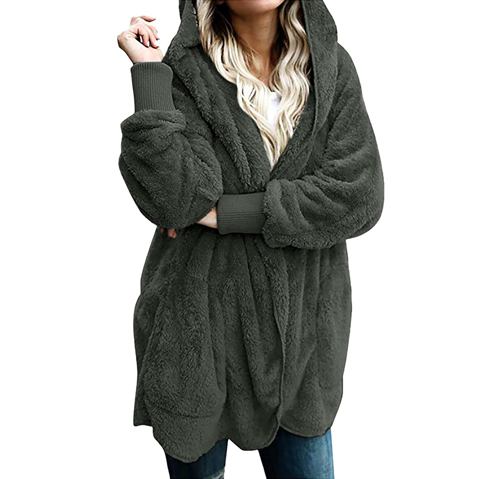 Sherpa Fleece Jacket for Women Open Front Hooded Cardigan Jackets Fuzzy  Fleece Outerwear Winter Coats With Pockets