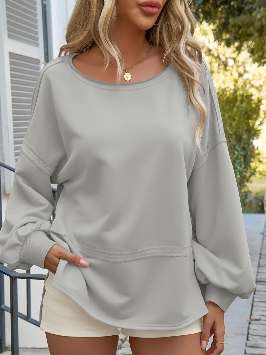 Fisoew Womens Casual Crewneck Sweatshirts Lantern Long Sleeve Side Slit Loose Sweatshirt Fall Crop Pullover Tops - Image 3