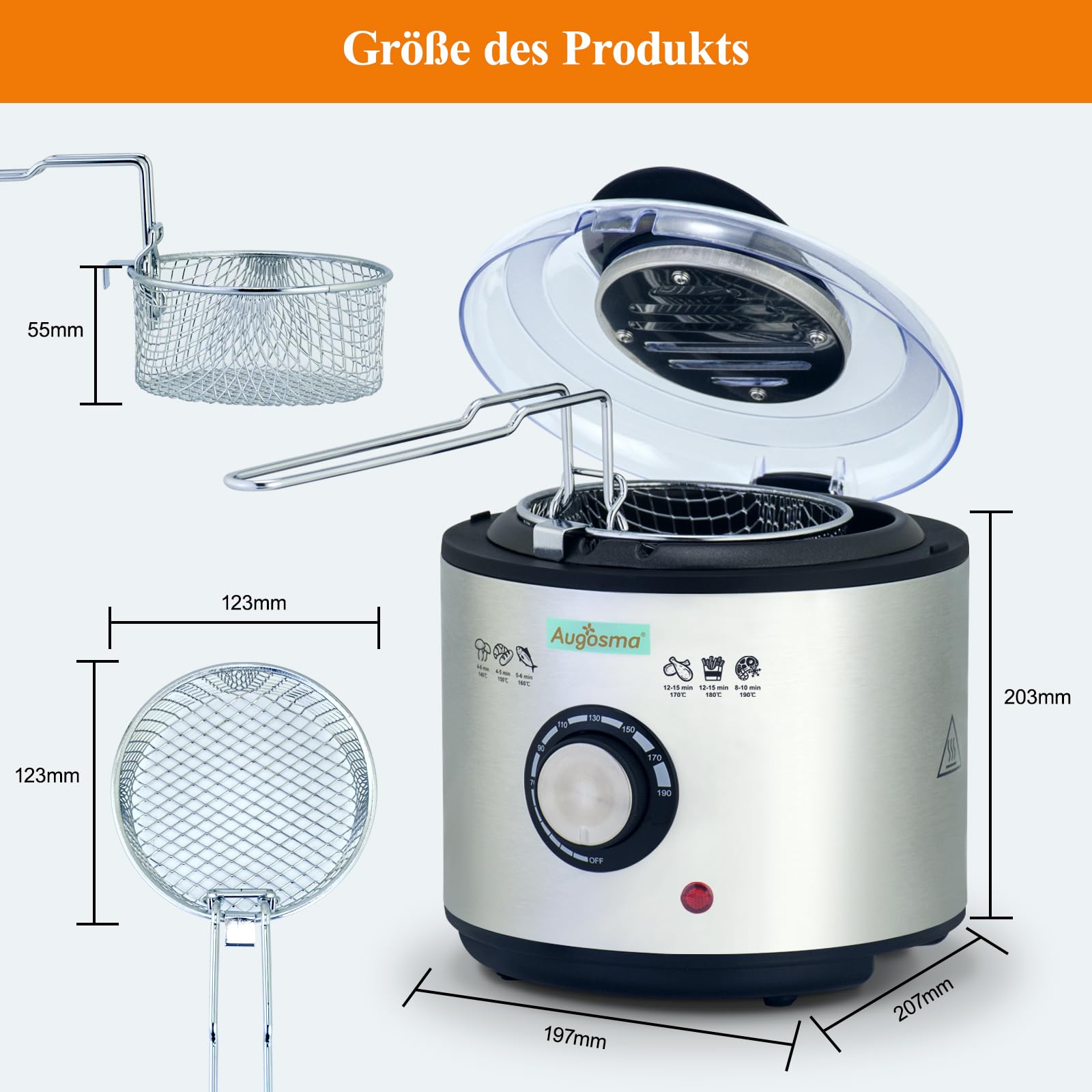 Mini friteuse à huile | 850-950 W l Capacité : 1 l l Fenêtre de visualisation l Panier à friture en acier inoxydable l Température réglable l Isolation thermique l Revêtement en caoutchouc