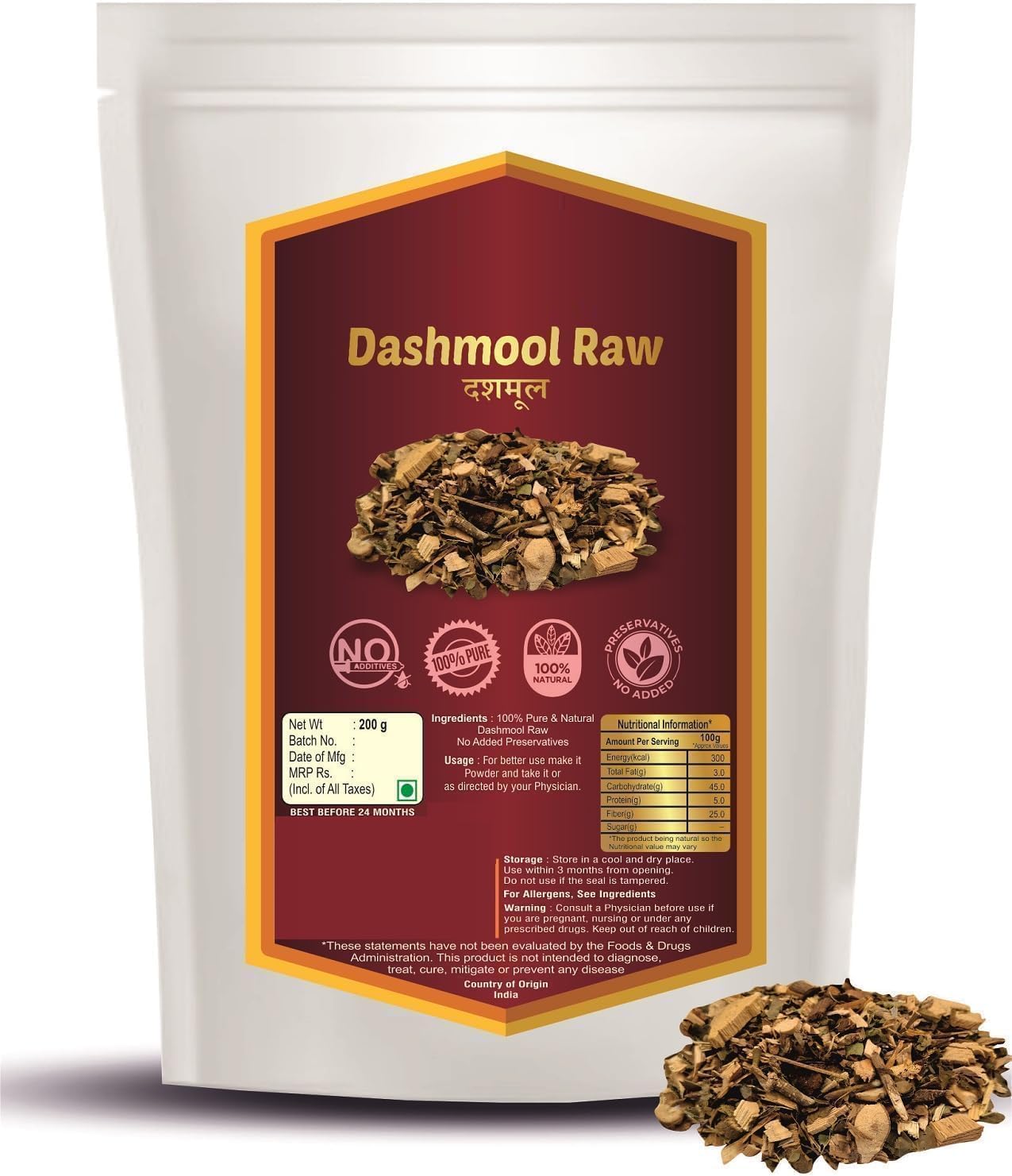 Natural Raw Dashmool Kadha - Dashmool Kwath - Dasmool - Dashmoola - Dasmul - Dashmul Herbs - Dashamoola - Dashmula - Dasmoola - 200gm