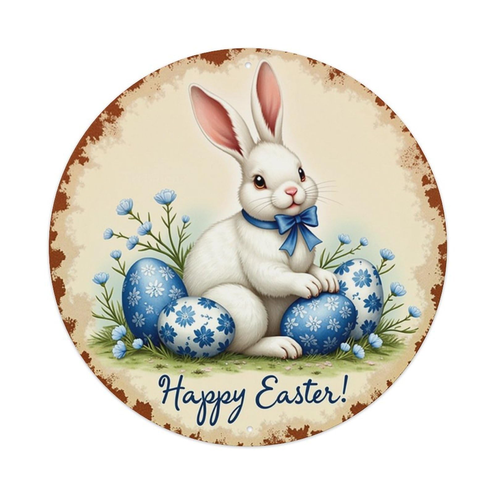 Easter Bunny Blue Eggs Flowers Round Metal Tin Sign Vintage Wall Decor, Bar Garage Cafe Kitchen Home Wall Art Poster 8x8inches