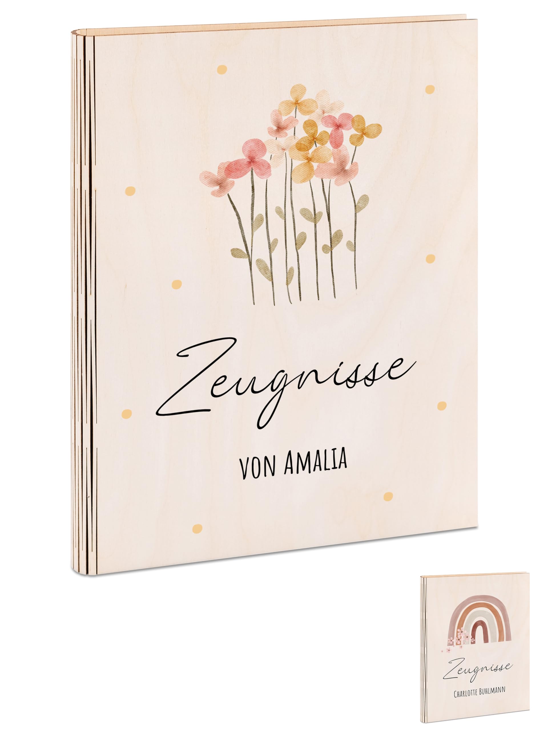 Bärenfreunde® - Personalisierte Holzzeugnismappe mit hochwertigem Spezial-Druck - Einschulung Geschenk für Jungen & Mädchen (Blumen Punkte)