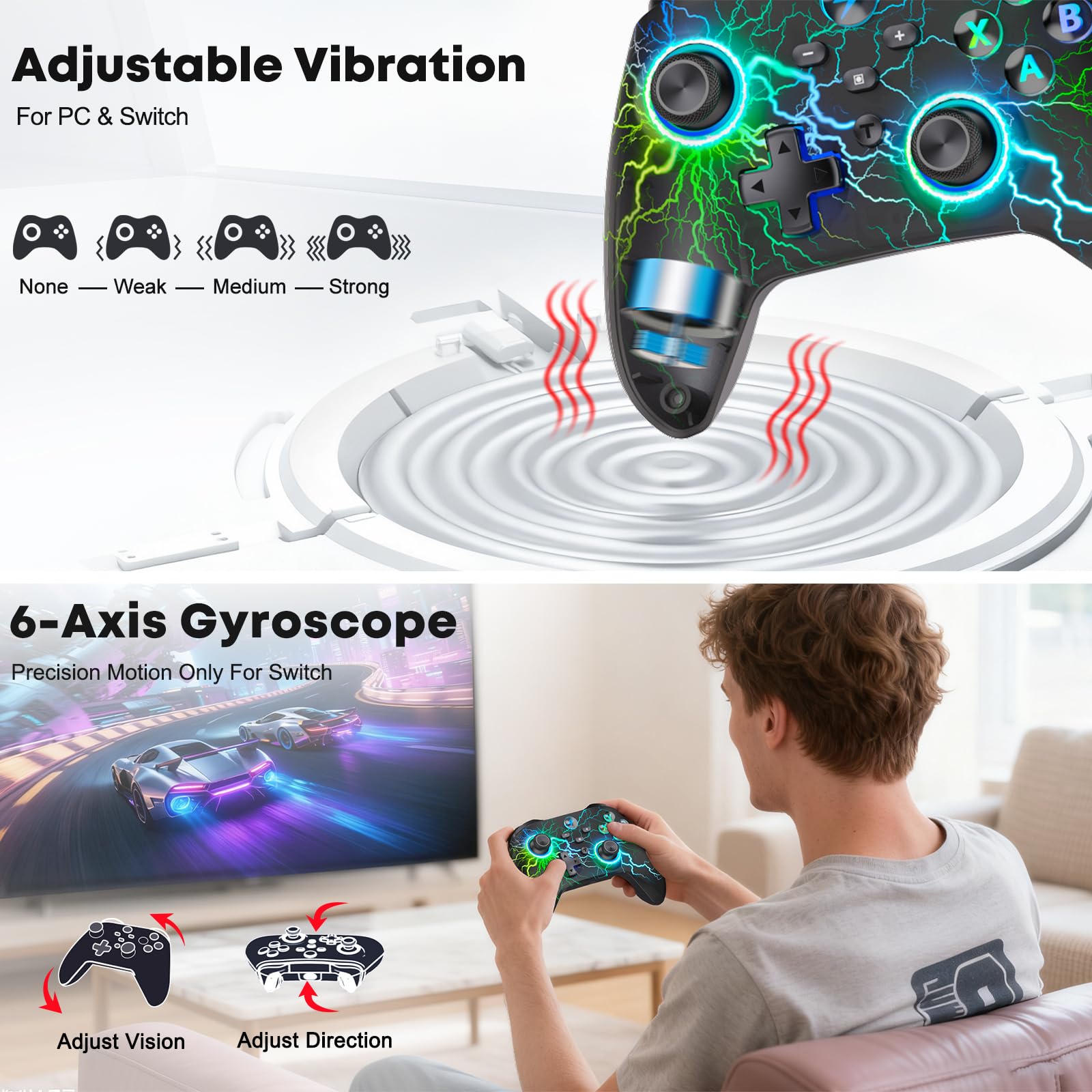 HELLCOOL Controller PC per Windows/Switch 2/Android/IOS, controller wireless per PC da 1000 mAh con frequenza di polling 2,4 G e 1000 Hz cablato, controller di gioco per PC con turbo/vibrazione/staffa