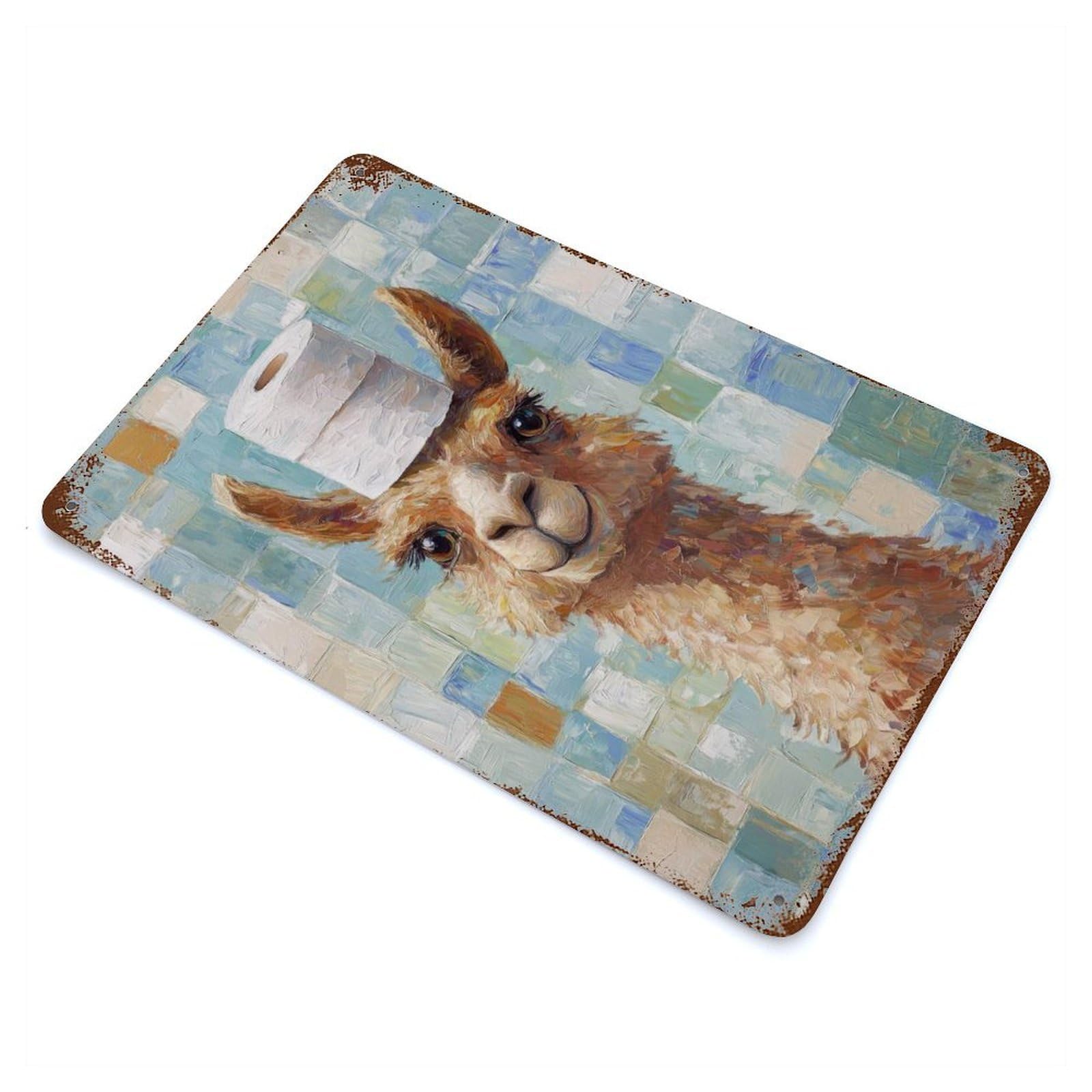 Llama with Toilet Paper Hat Rustic Tin Plaque 11.8"x7.9", Ideal for Cafe, Home Bar And Lounge Decor