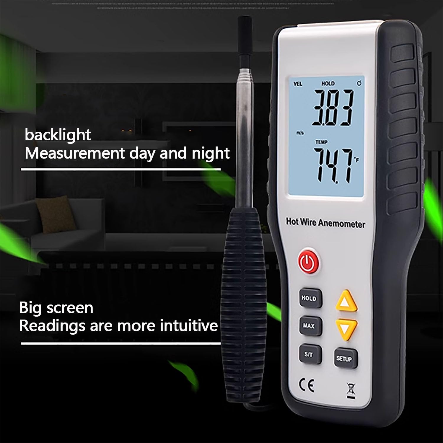 Anémomètre à fil chaud pour conduit, compteur de vitesse du débit d'air portatif CFM/CMM, jauges de vitesse du vent, avec écran LCD rétroéclairé, pour la température de la vitesse de l'air du flux d'a