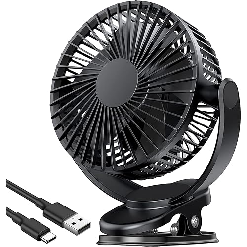 ATEngeus Rechargeable Clip-on USB Desk Fan, 3 Speeds, 5000mAh Battery, 720Rotation, Sturdy Clamp for Home, Camping, Treadmill and Car