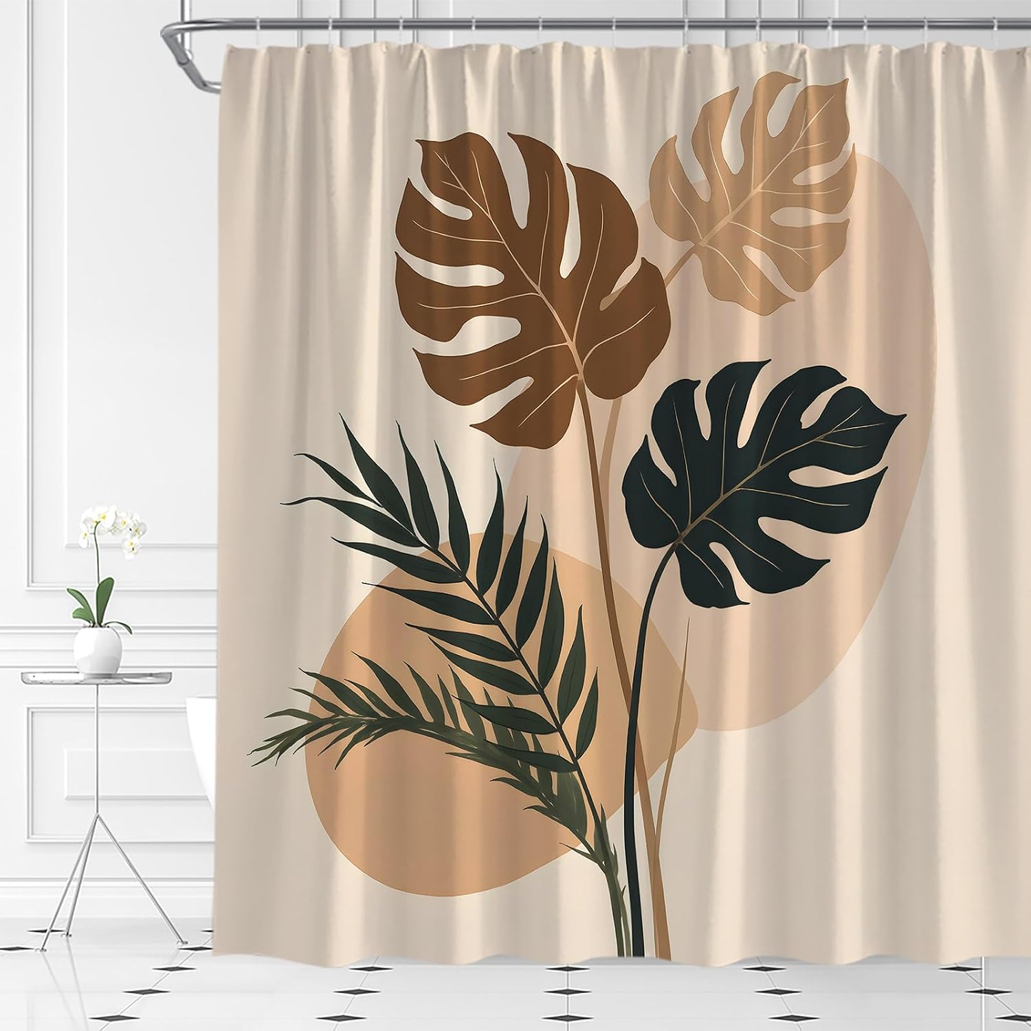 Palm Leaves Shower Curtain Mid Century Abstract Botanical Boho Minimalist Modern Beige Fabric Bathroom Decor Set with Hooks(70" Wx70 H)