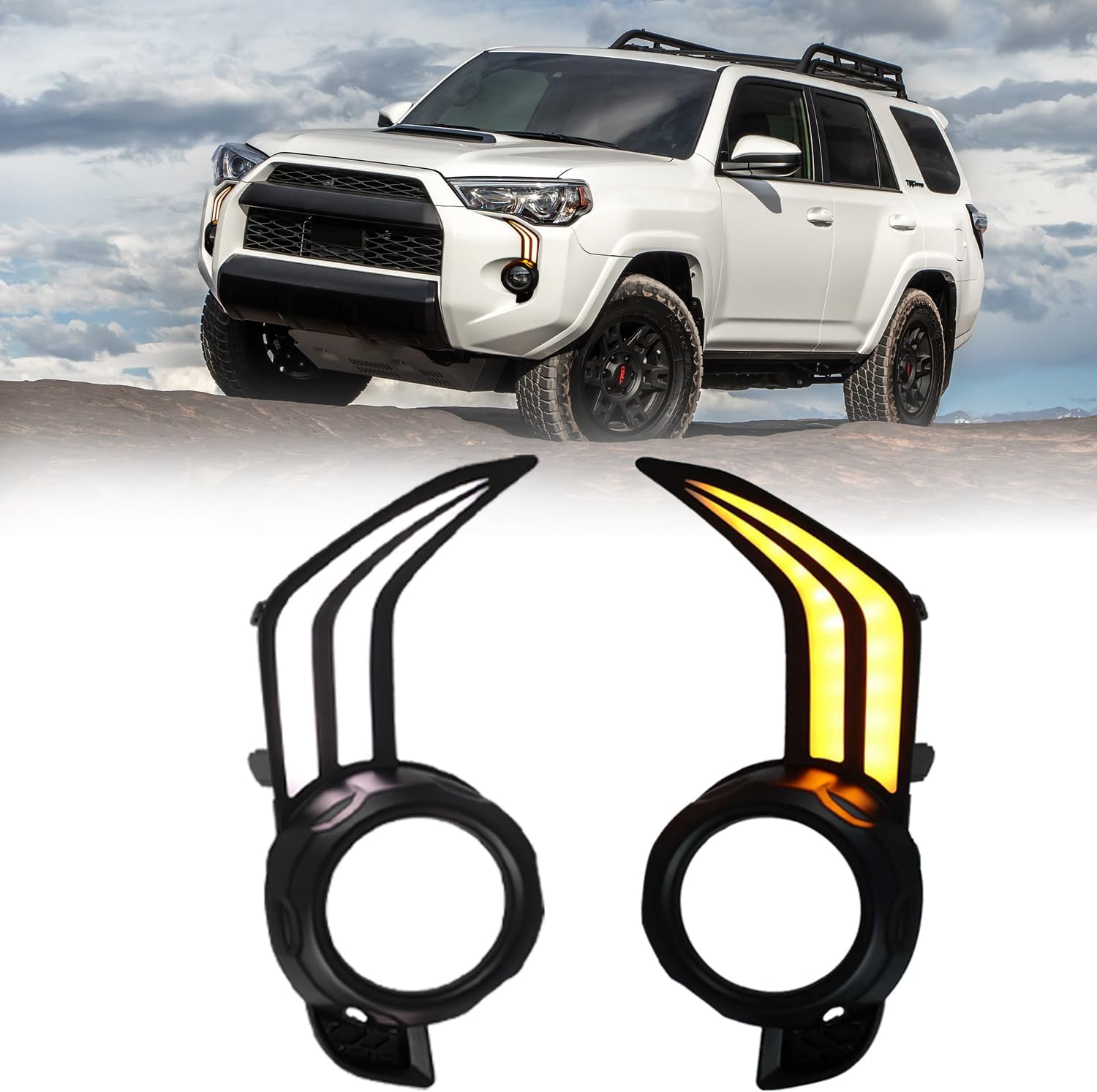 LED Front Bumper Fog Light Bezel for Toyota 4Runner 2014-2024 (SR5/TRD Off-Road/Trail) -Replacement front panel Trim, Function as Daytime Running Light DRL & Turn Signal Light