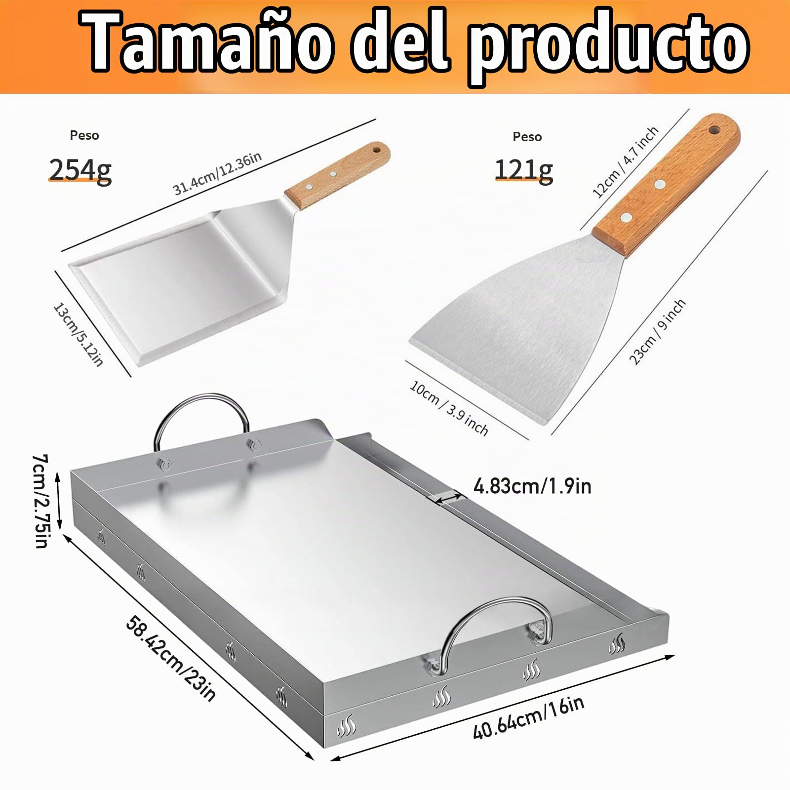 Plancha - Juego de planchas de 58 x 40 cm, con espátula para parrilla y raspador para parrilla, barbacoa de acero inoxidable con protección contra quemaduras y espátula para parrilla con mango de