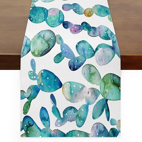 Camino de mesa de cactus abstracto de acuarela, mantel de lino rústico para cocina de granja, cena, eventos, fiesta, decoración de mesa de