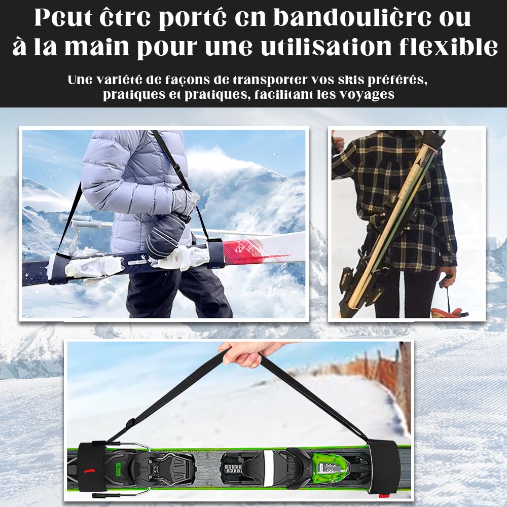2 Sangles Porte-Skis Réglables - Bandoulière Et Attaches Scratch - Pour Transport Skis Et Bâtons - Nylon Léger