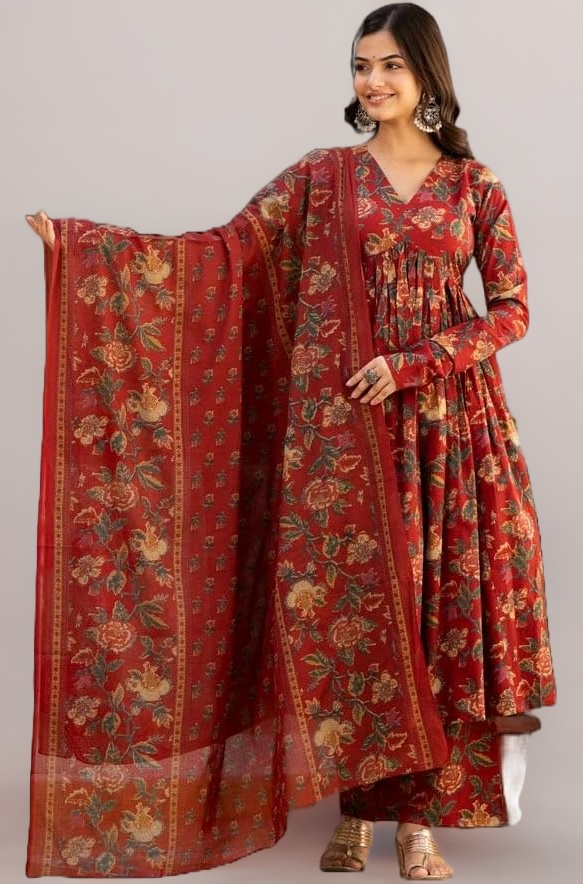 MEERA FAB Women's Cotton Blend V-Neck Anarkali Printed Kurta with Palazzo & Dupatta