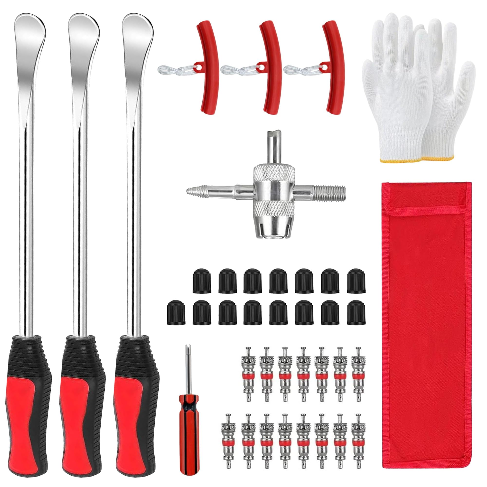 39Pcs Tyre Lever Tool Kit: 30.5CM Heavy Duty Tyre Spoons with Rim Protectors Valve Caps & Cores Tyre Repair Tools for Bike Motorcycle Car Wheel Removal Garage Workshop Emergency Repair - 1