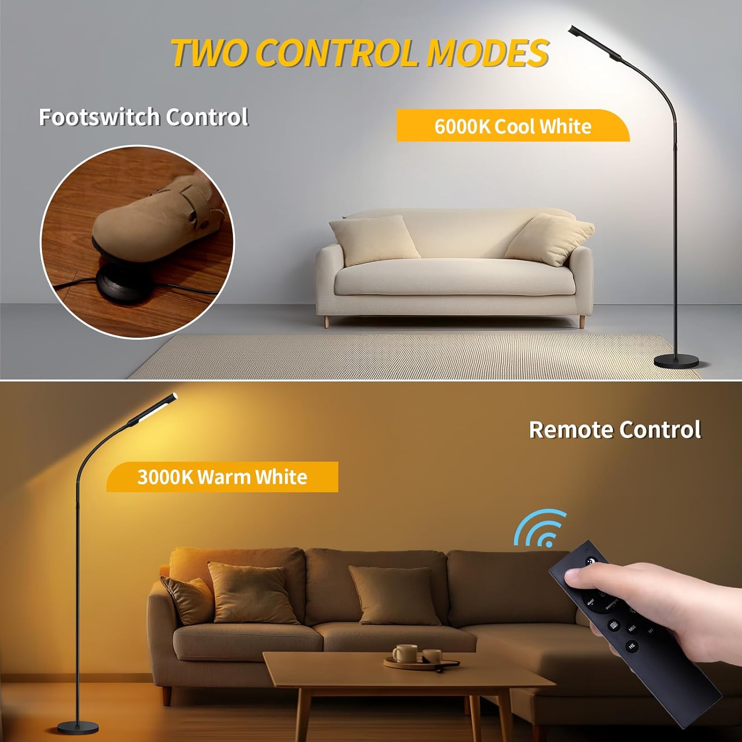 Floor Lamp with Remote, 67" Gooseneck Dimmable Standing Lamp, 3 Color Temperatures & 5 Brightness Levels, Modern Reading LED Light for Bedroom, Living Room, Office - Black