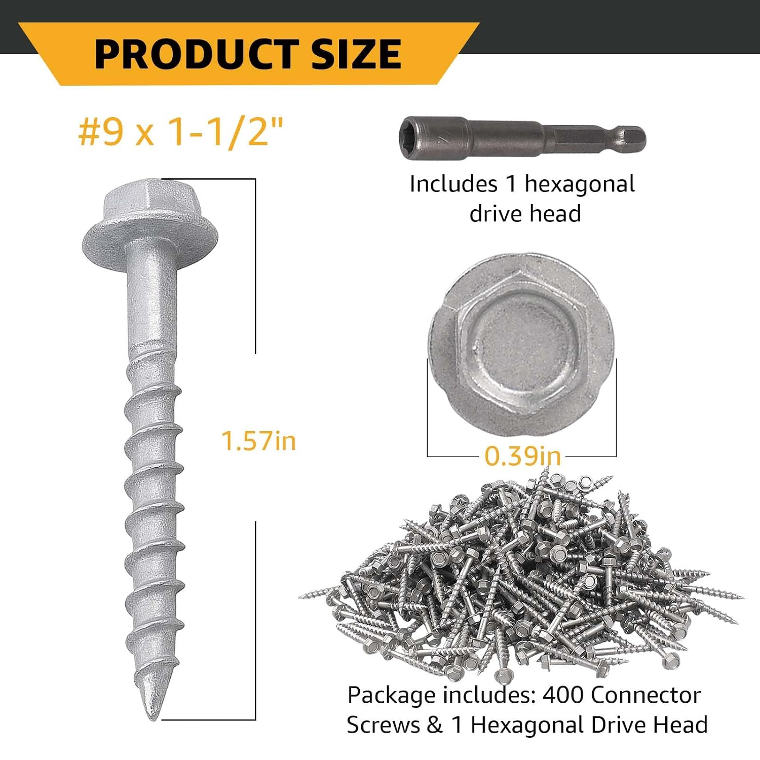 Connector Screws #9 x 1-1/2" 1/4" Hex Head Strong-Drive Joist Hanger Screws with 0.370" Dia Structural Screws Replacement for 9112R100 10D Nails Includes Tool Sockets 400-Qty