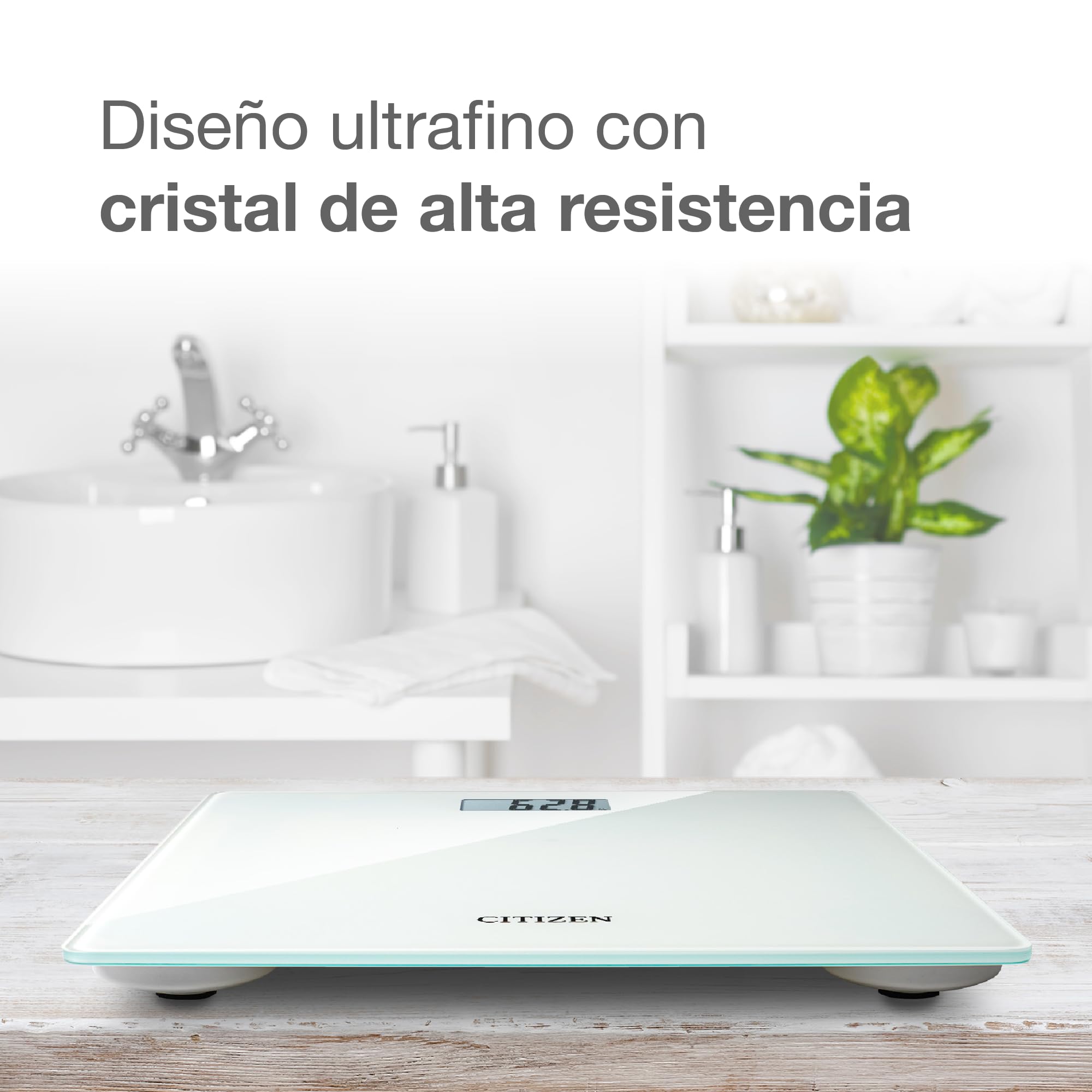 Citizen Bilancia Pesapersone Digitale in Vetro Temperato, Bilancia da Bagno Precisa 0,1 kg con Display LCD Grande, Tecnologia Step-On, Design Ultrasottile 22 mm, Bianco