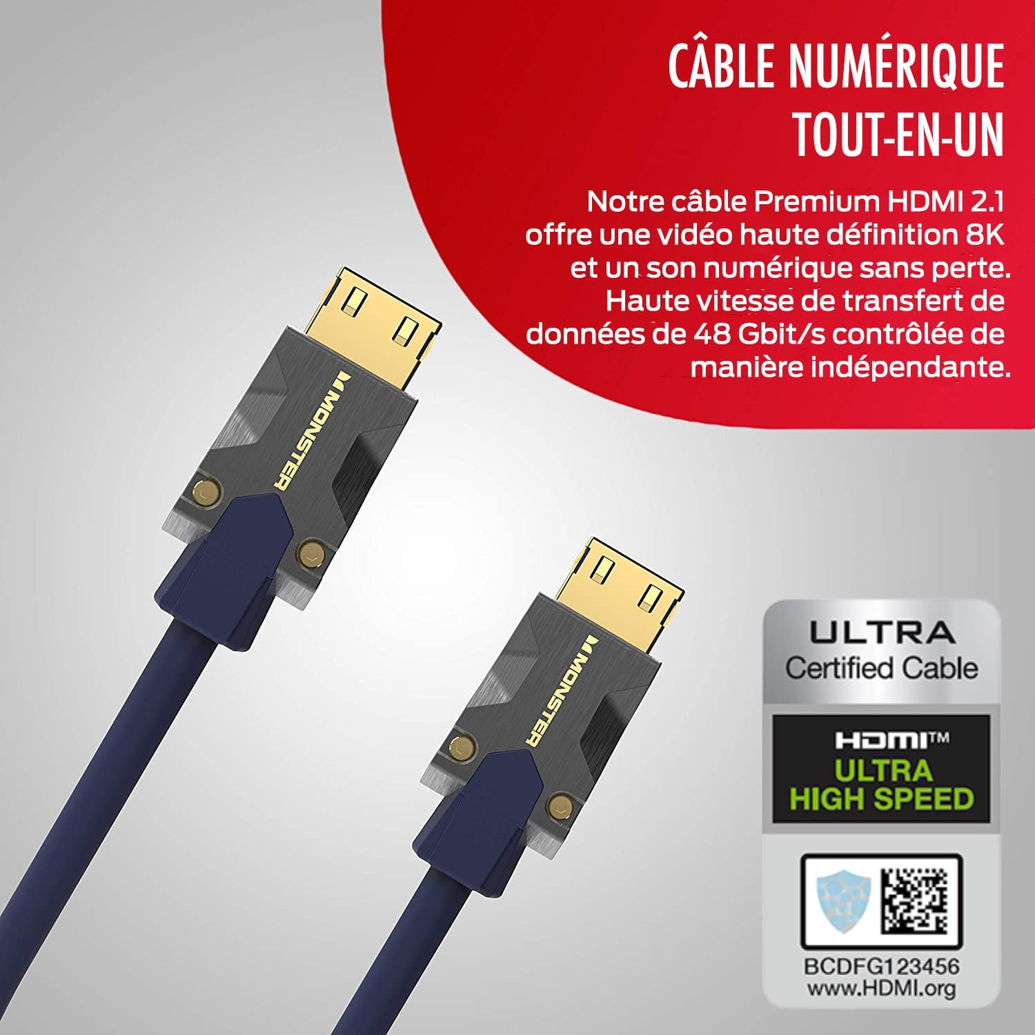 Monster, Câble HDMI, Résolution 8K, Vidéo HDR, 48 GBPS, Vitesse Éclair, Connecteurs V-Grip, Triple Blindage, 3 Mètres, Garanti à Vie, Noir