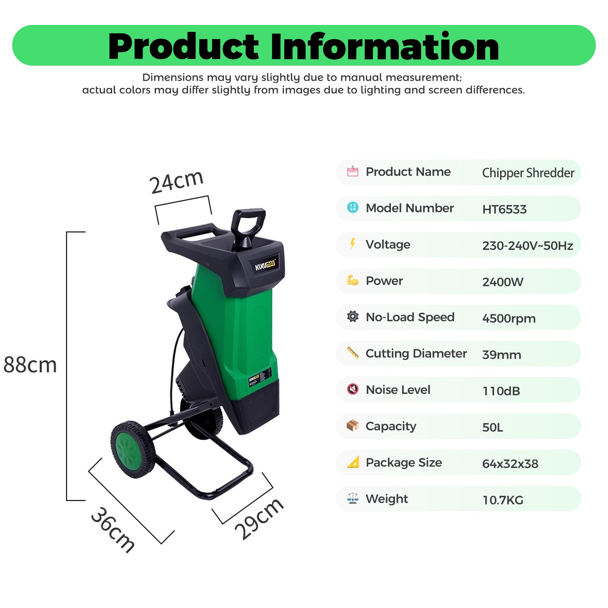 trituradora de Hojas eléctrica, trituradora de poda eléctrica, Bolsa Recogida 50L, Astilladora Ramas 40mm/1,57in, trituradora jardín, para amas,Palos y residuos jardín Green