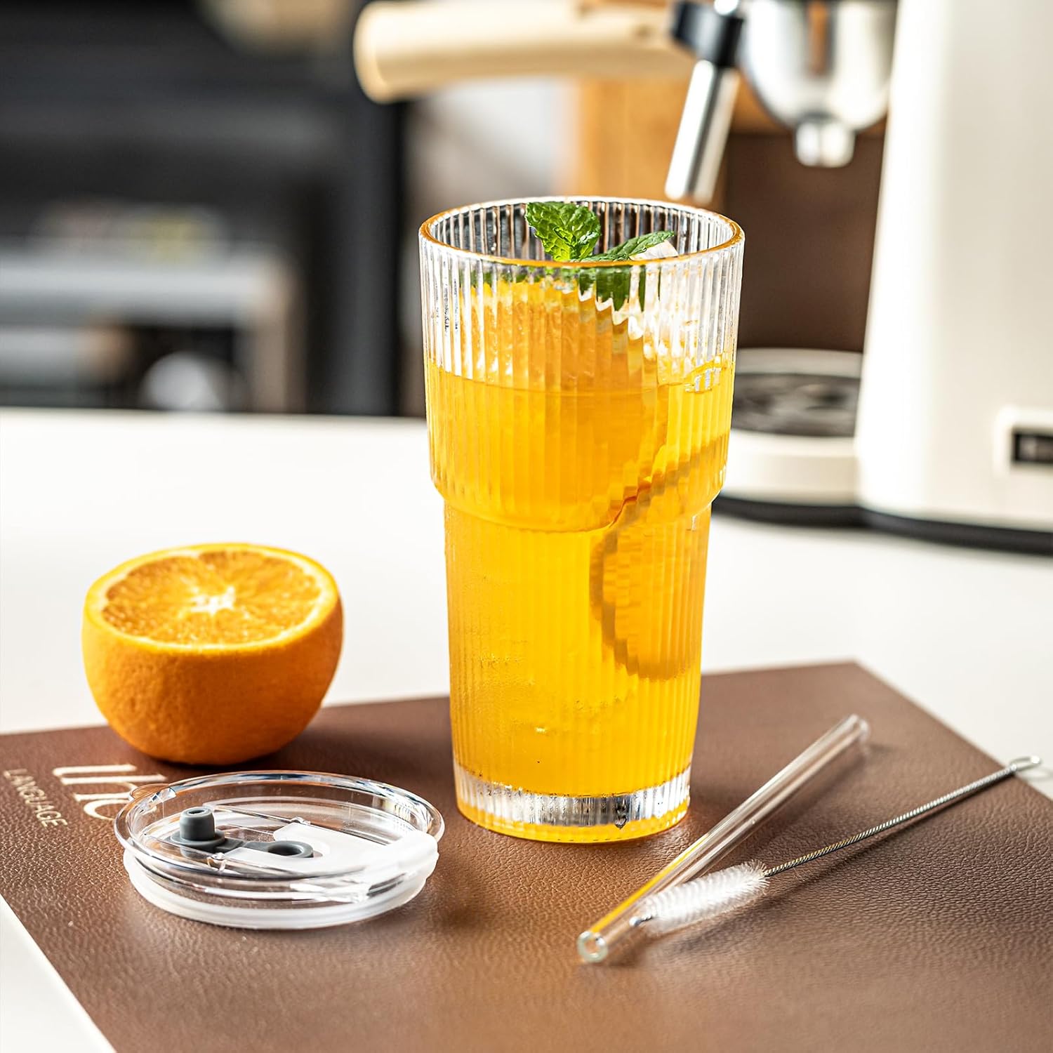 20oz Ribbed Drinking Glasses with Lids and Glass Straws-Thickened Glass cup -Vintage glass straw cups- Ideal for Iced Coffees, Cocktails, Juices, Family Use and Parties (4) - Image 8